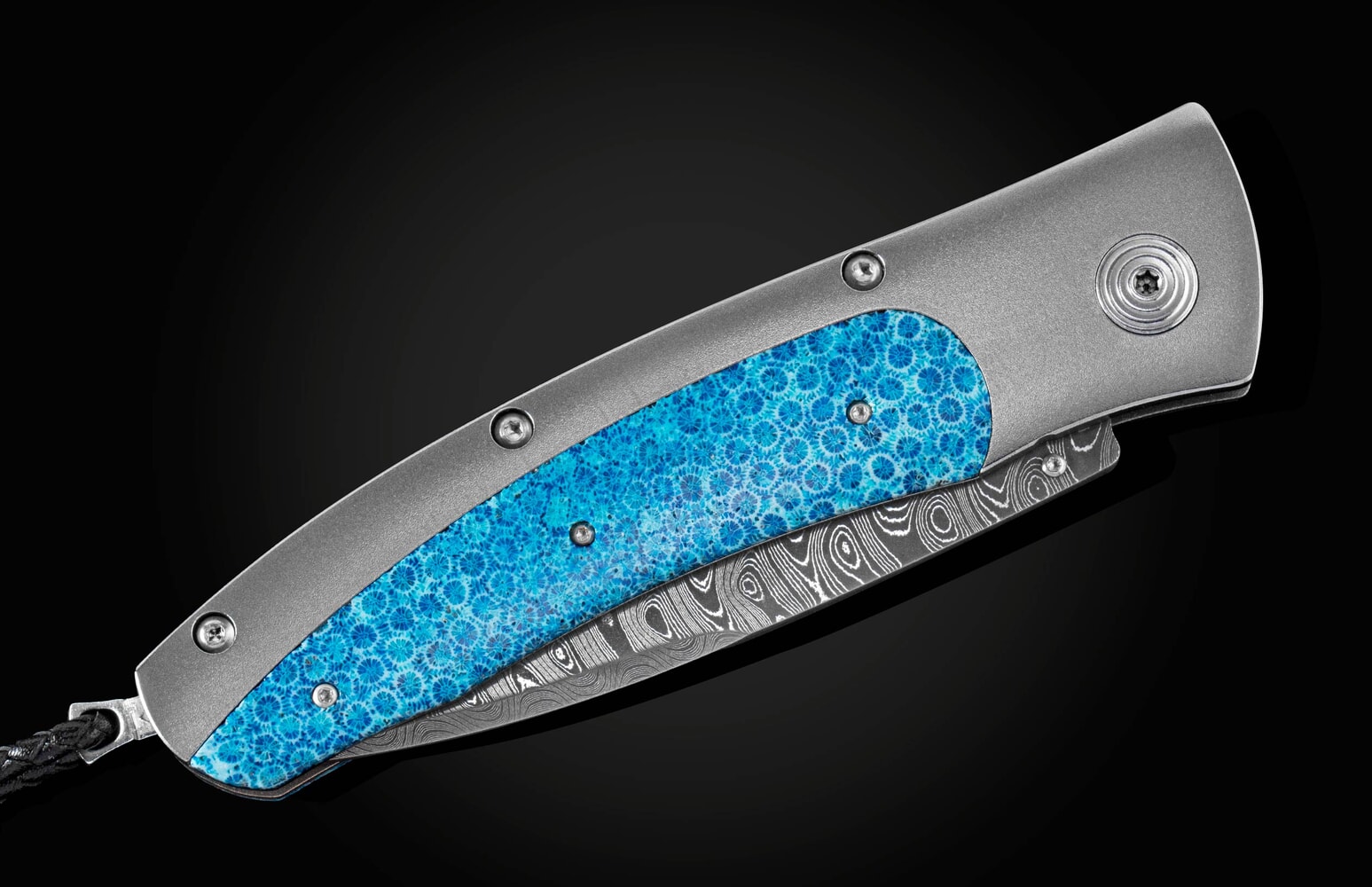 William Henry Pocketknife with fossil coral, damascus, and titanium C15 BLUE CORAL