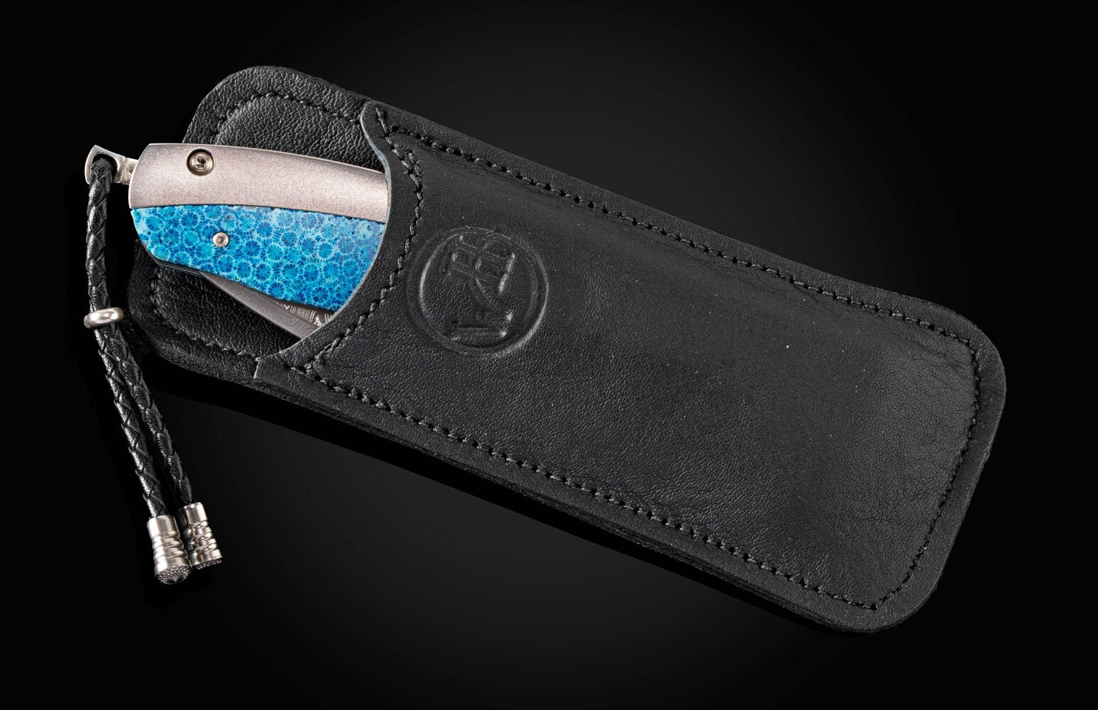 William Henry Pocketknife with fossil coral, damascus, and titanium C15 BLUE CORAL