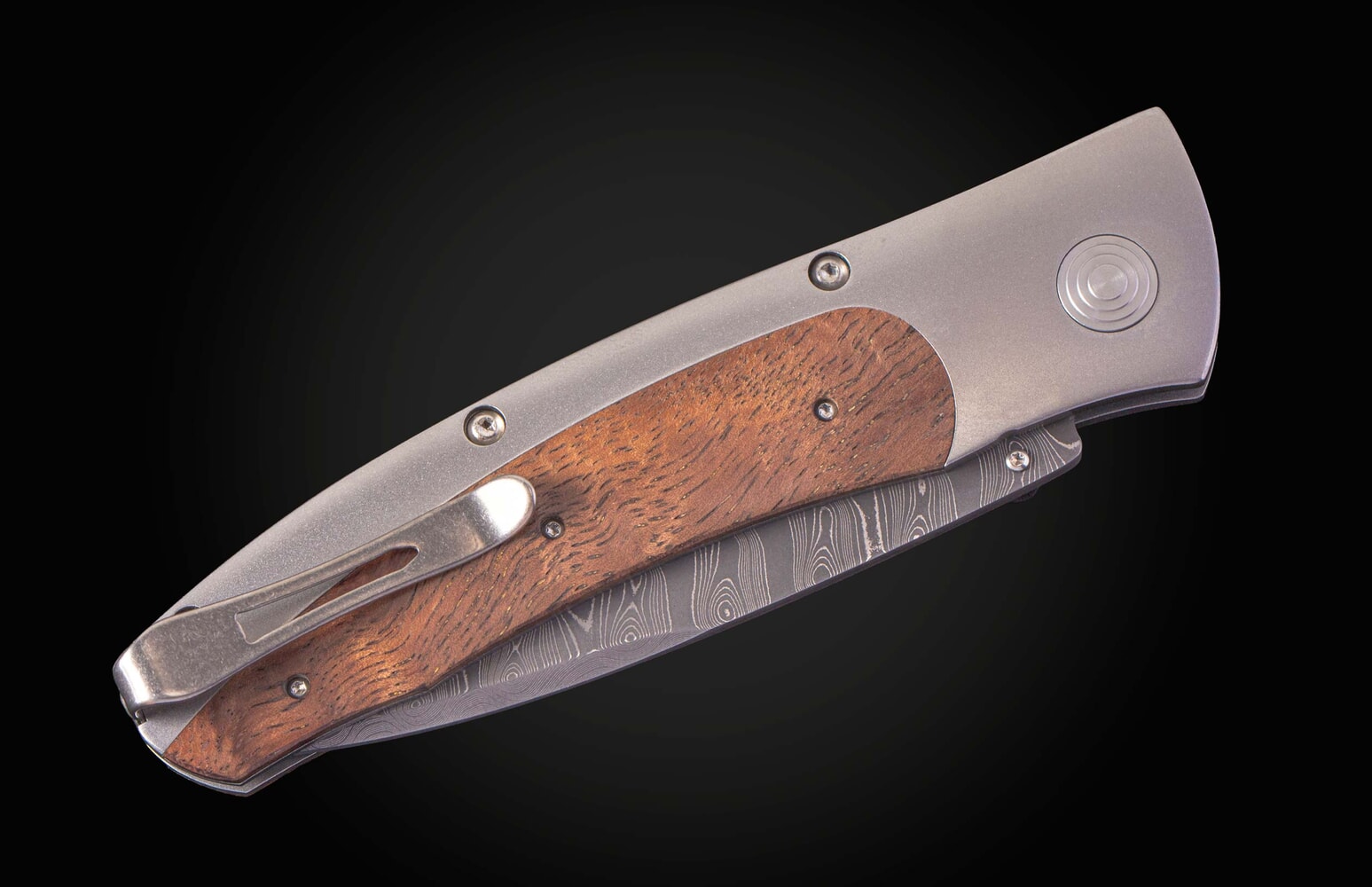 William Henry Pocketknife with Curly Koa, damascus, and titanium. C15 KOA