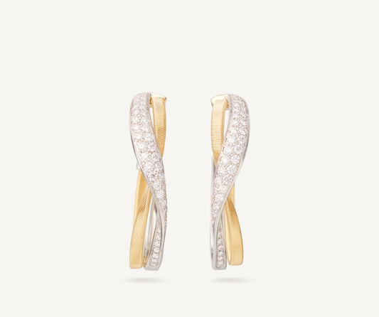 18K Yellow Gold Hoop Earrings with Twisted Diamond Pav , Thin