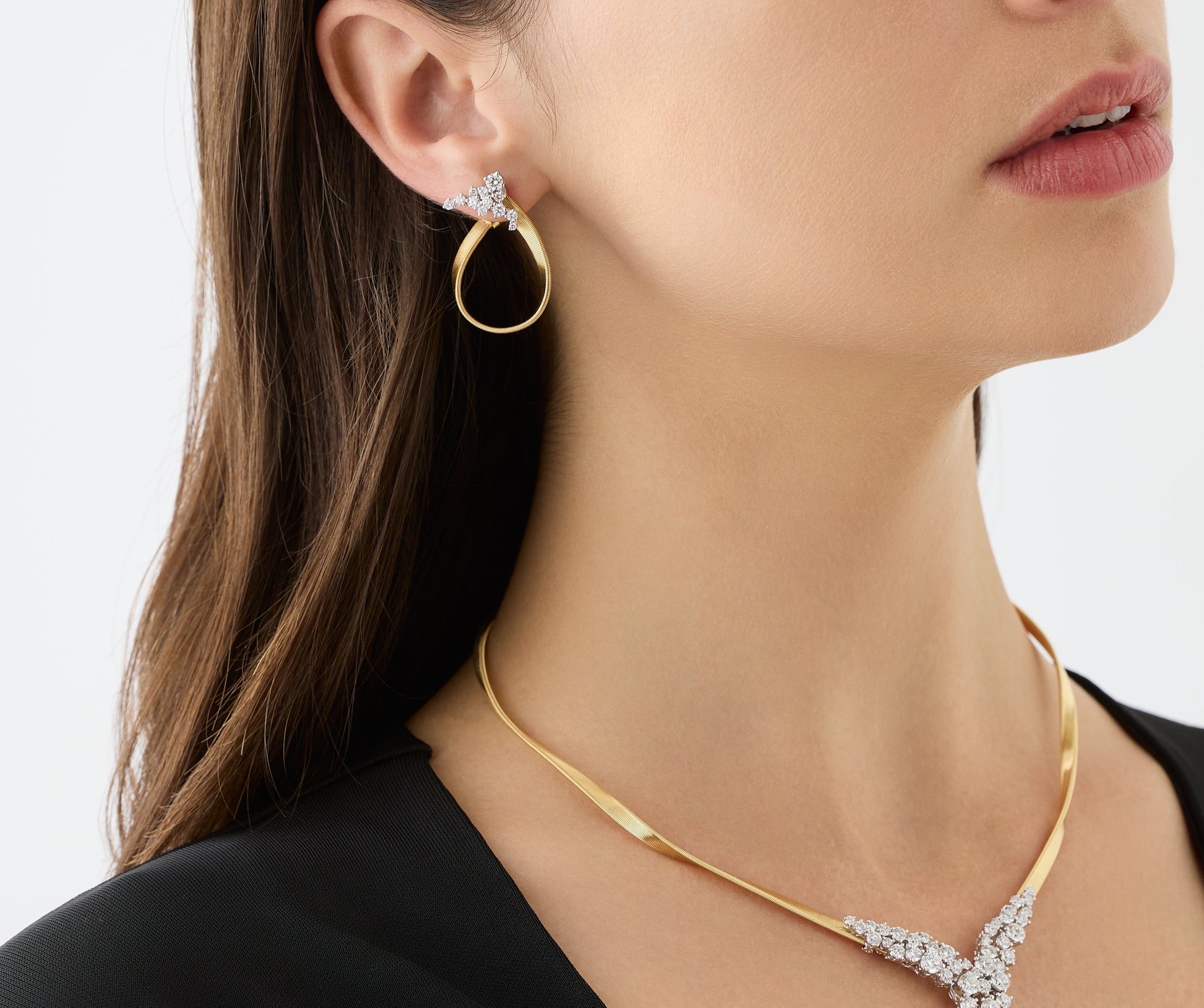 18K Yellow Gold Open Hoop Earrings with Diamond Clusters