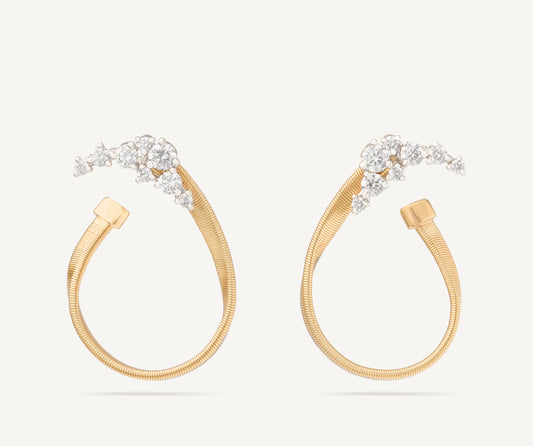 18K Yellow Gold Open Hoop Thin Earrings with Diamond Clusters