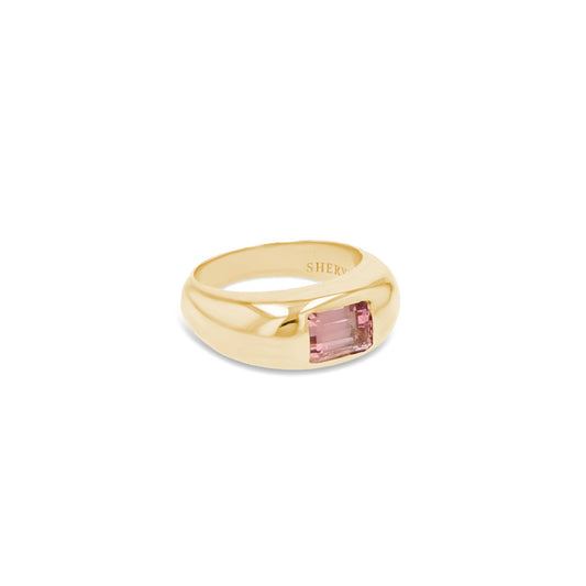 14k Yellow Gold and Pink Tourmaline Thin Bomb Ring - One of a Kind