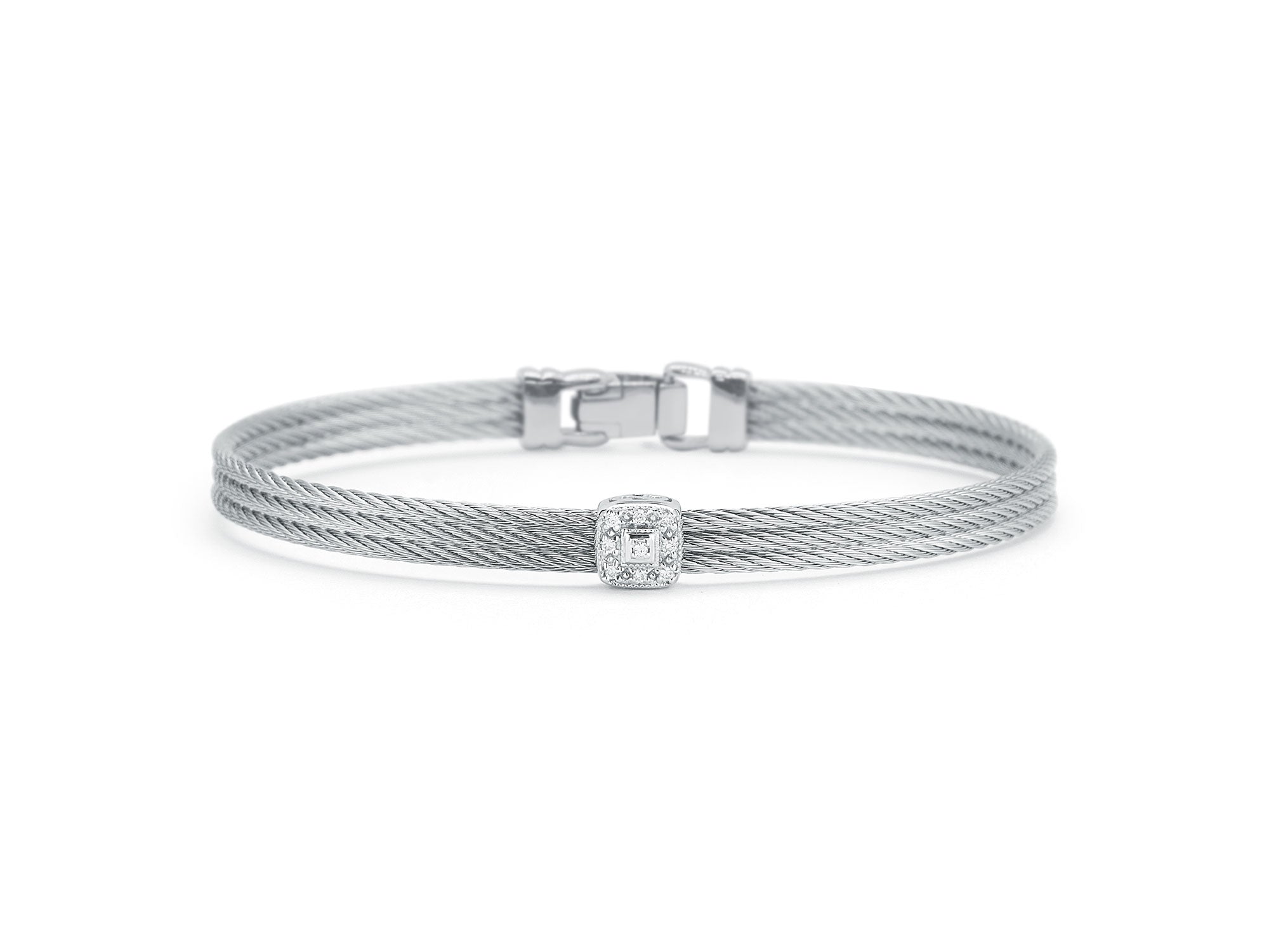 ALOR Grey Cable Classic Stackable Bracelet with Single Square Station set in 18kt White Gold