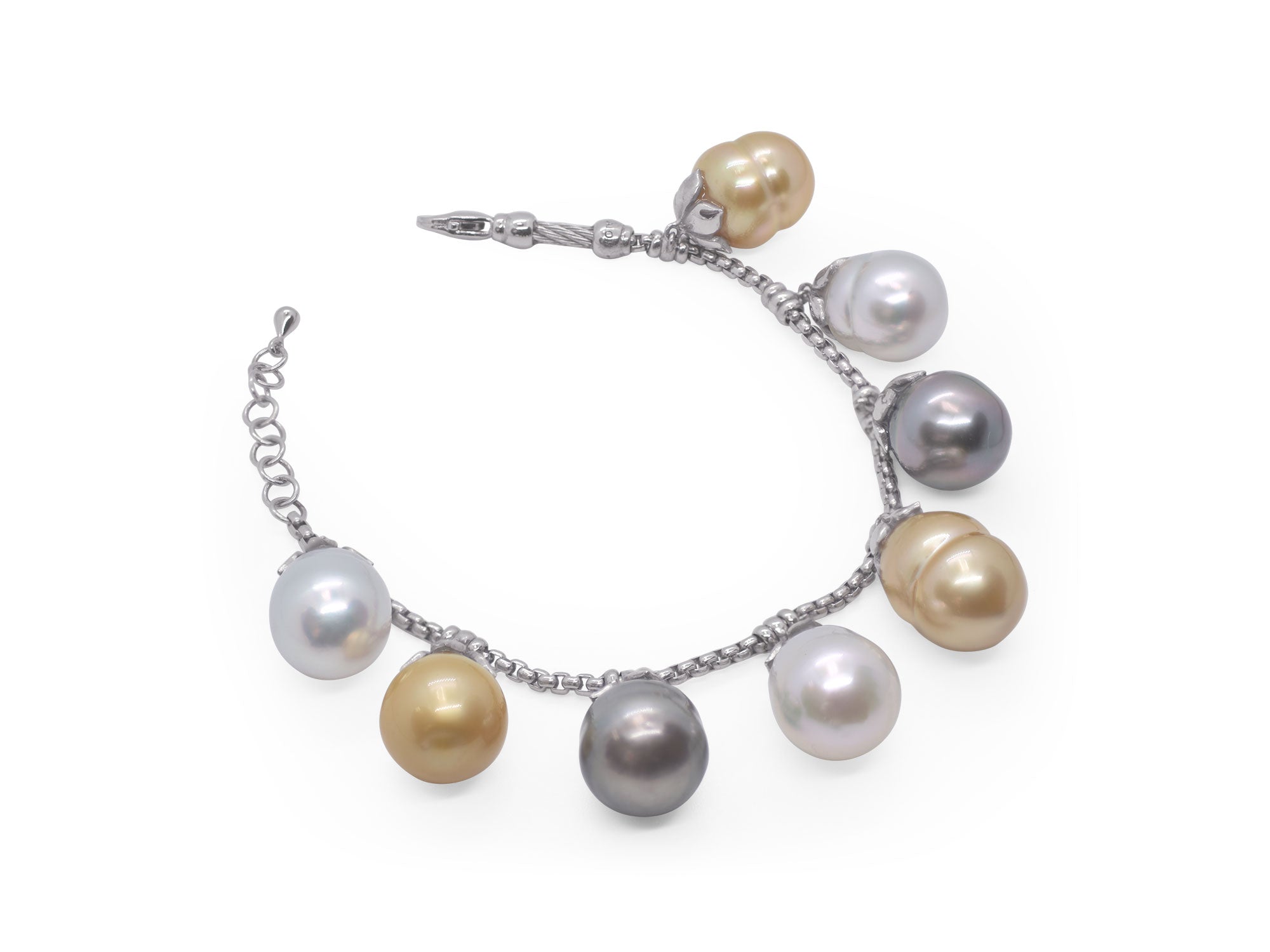 ALOR Black, White & Yellow South Sea Pearl Charm Bracelet with Grey Chain