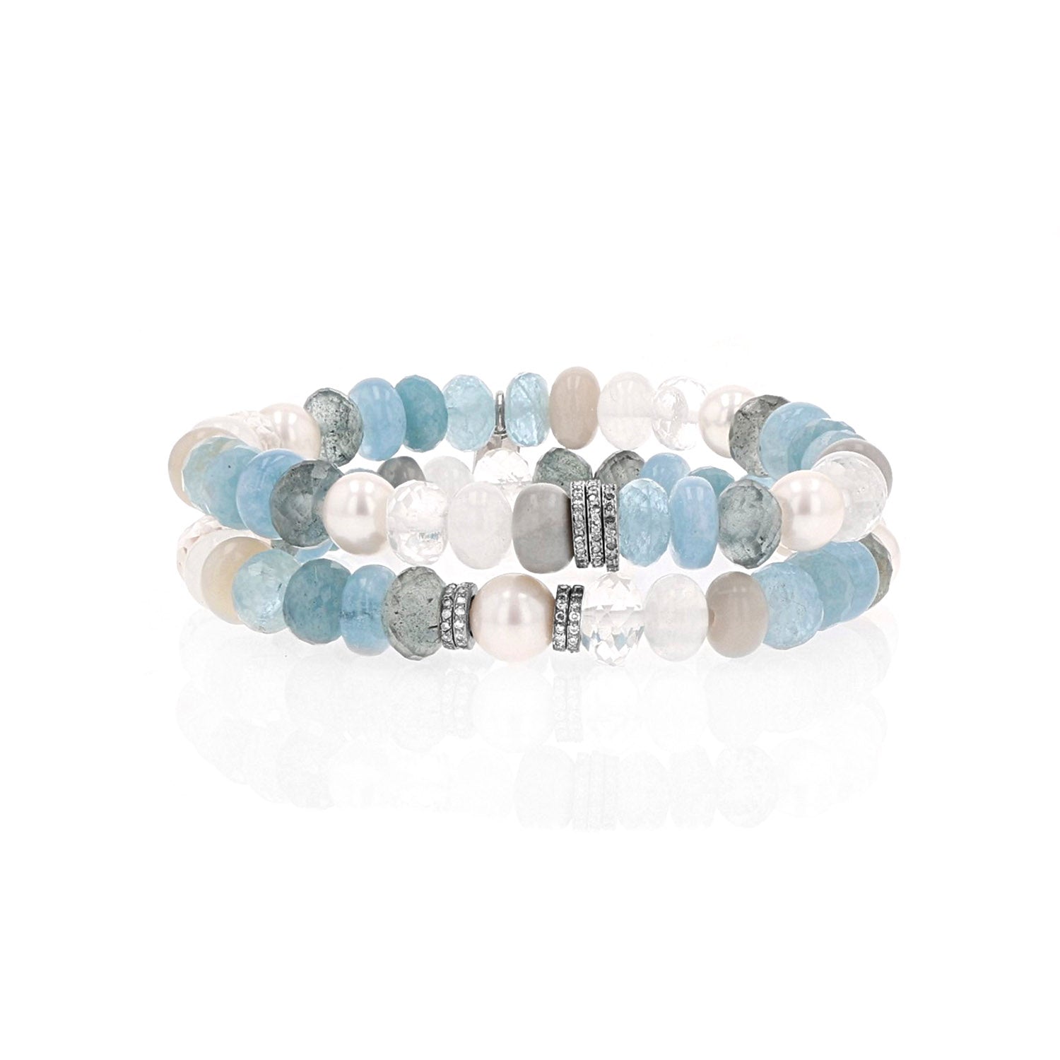Pearl and Blue Gemstone Mix Bracelet with 3 Diamond Rondelles - 8mm  B0003976 - TBird