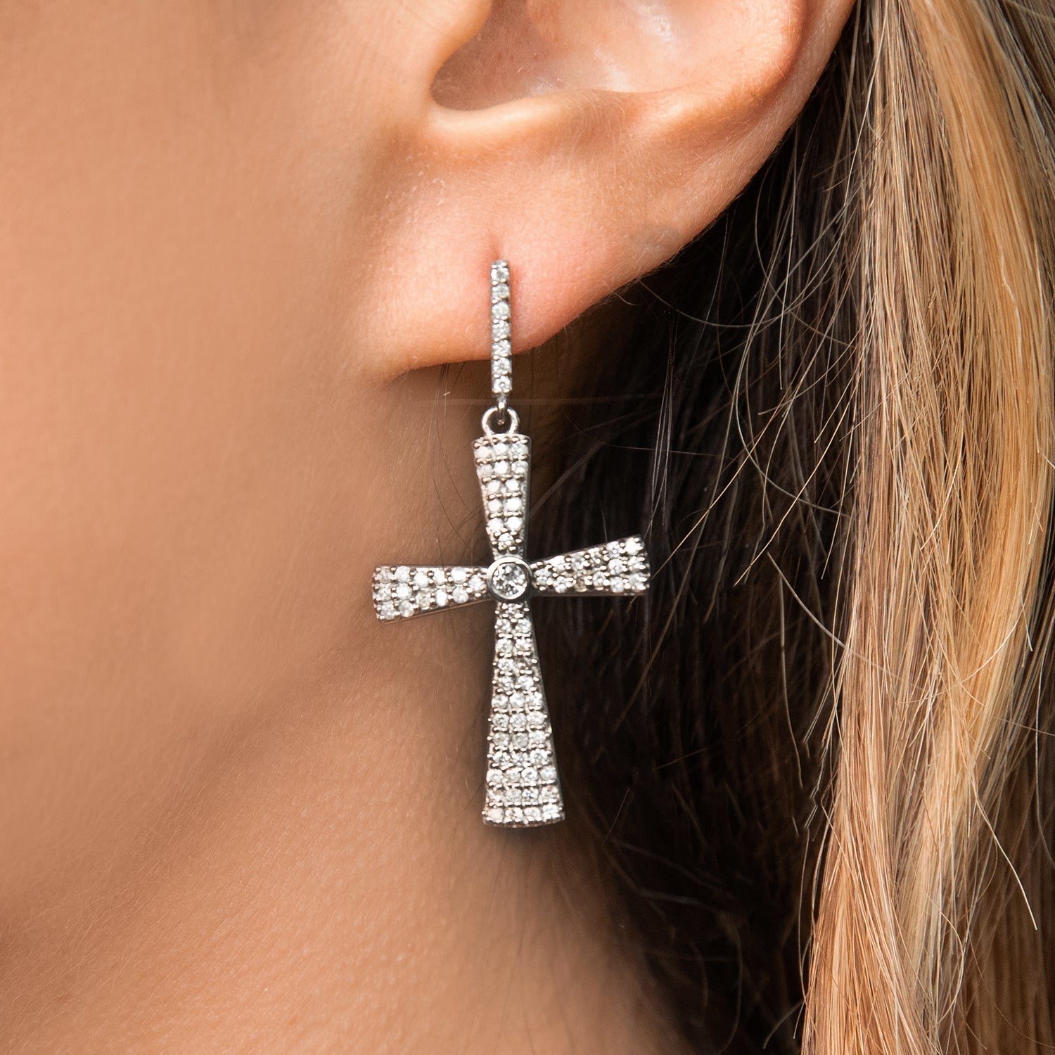 Bezeled Diamond Cross Drop Earrings E0000470 - TBird