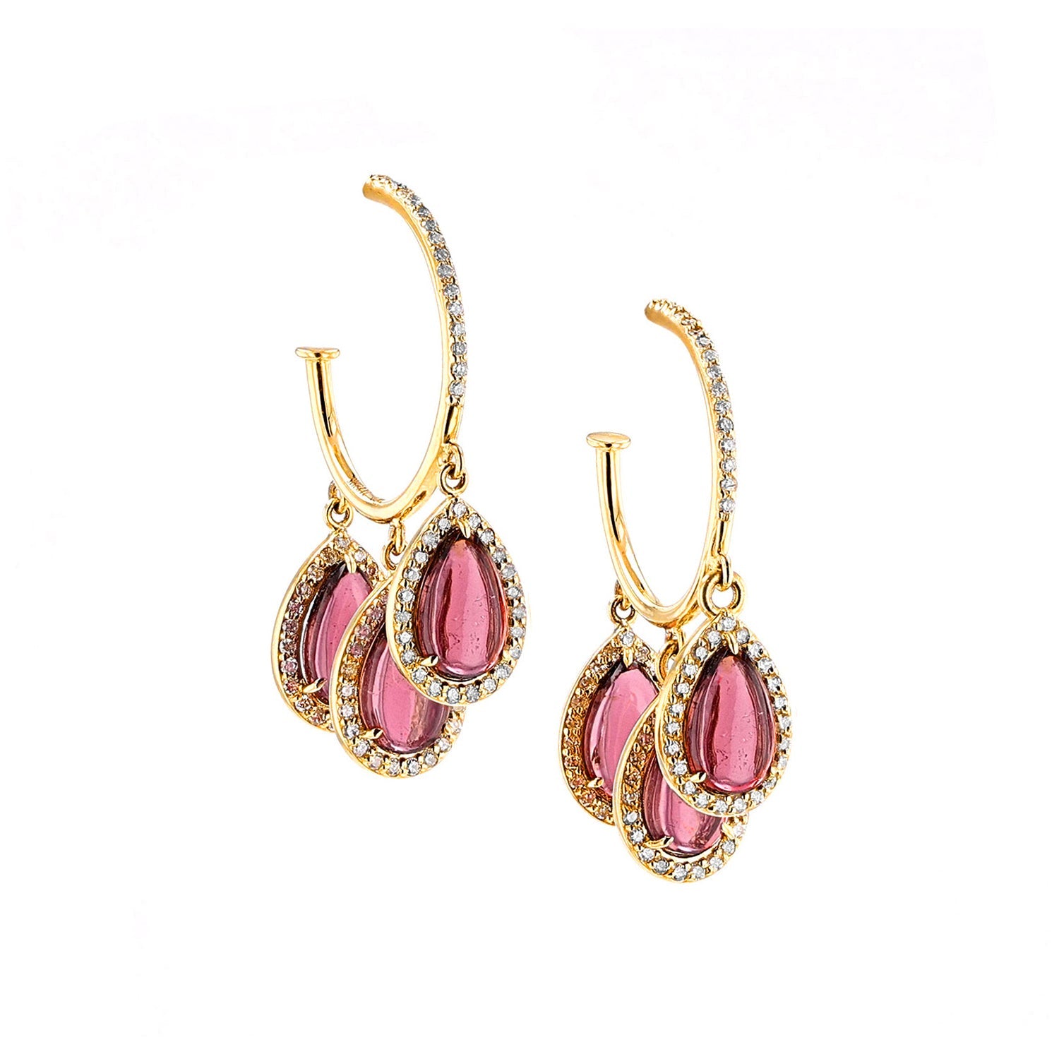 14K Pink Tourmaline Diamond 3 Teardrop Hoop Earrings  EG000212 - TBird