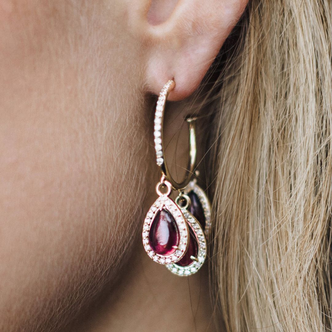 14K Pink Tourmaline Diamond 3 Teardrop Hoop Earrings  EG000212 - TBird