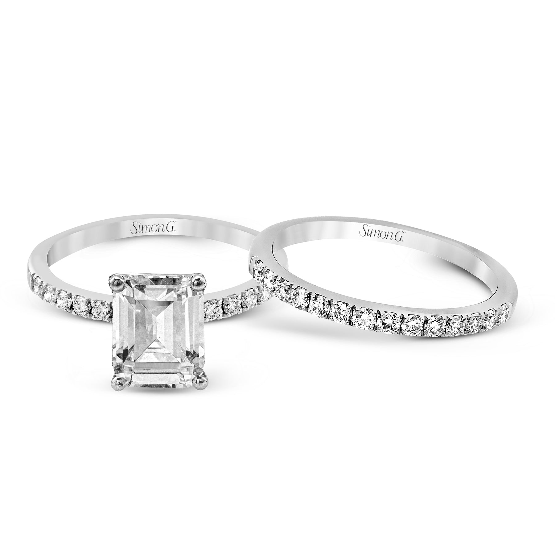 Emerald-cut Engagement Ring & Matching Wedding Band in 18k Gold with Diamonds MR1686-EM