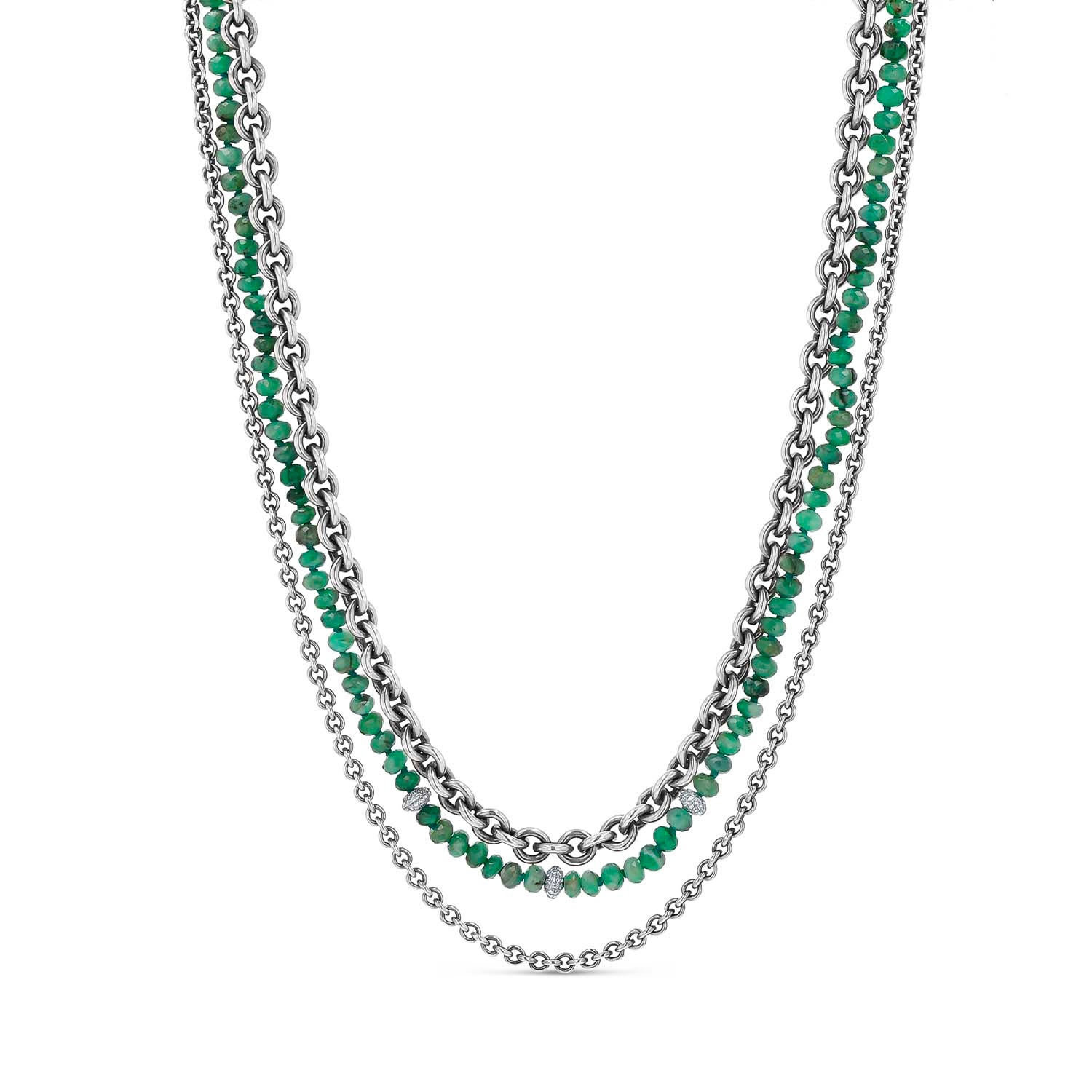 Emerald Gemstone Meets Chain Triple Strand Necklace N0002792 - TBird