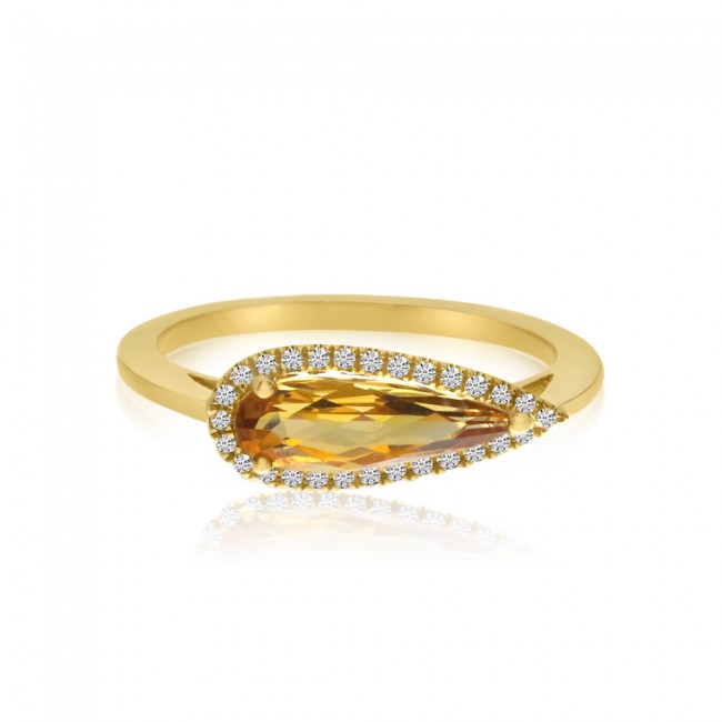 14K Yellow Gold Elongated Pear Citrine and Diamond Semi Precious Ring RM3959W