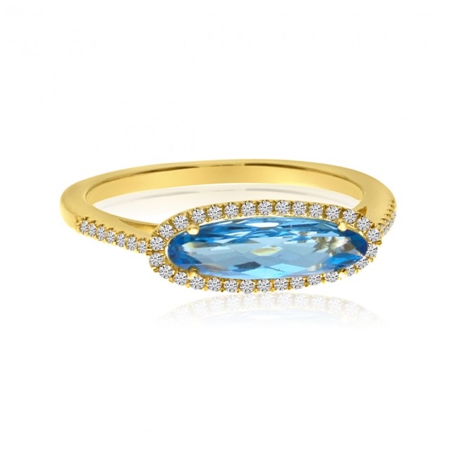 14K Yellow Gold Elongated Oval Blue Topaz and Diamond Semi Precious Fashion Ring RM3969