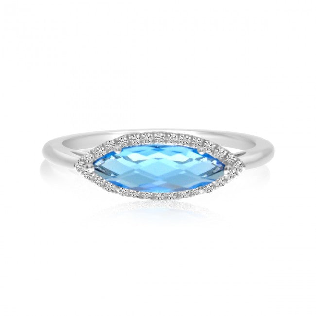 14K White Gold Elongated Marquise Blue Topaz and Diamond Semi Precious Ring RM3977W