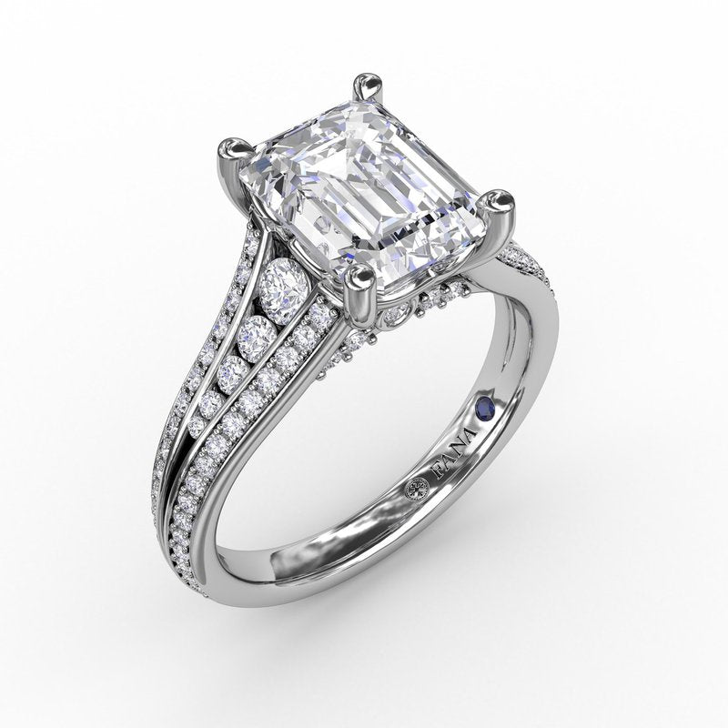 Contemporary Emerald Cut Diamond Solitaire Engagement Ring With Triple-Row Diamond Band S3272 - TBird