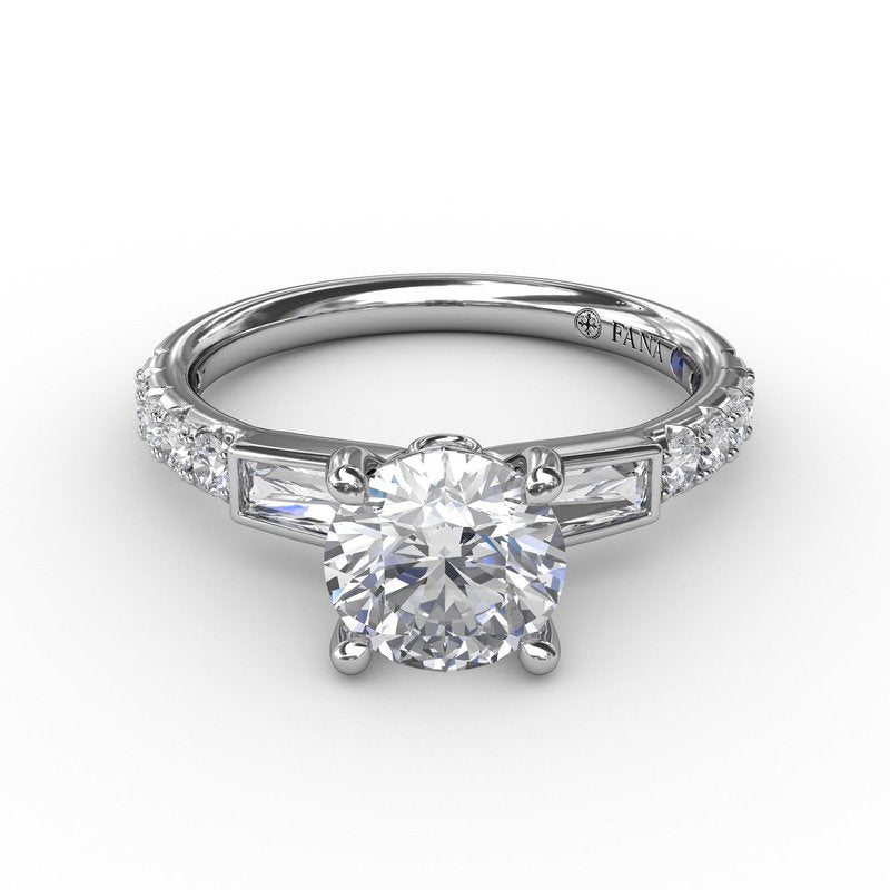 Three-Stone Round Diamond Engagement Ring With Bezel-Set Baguettes and Diamond Band S3296 - TBird