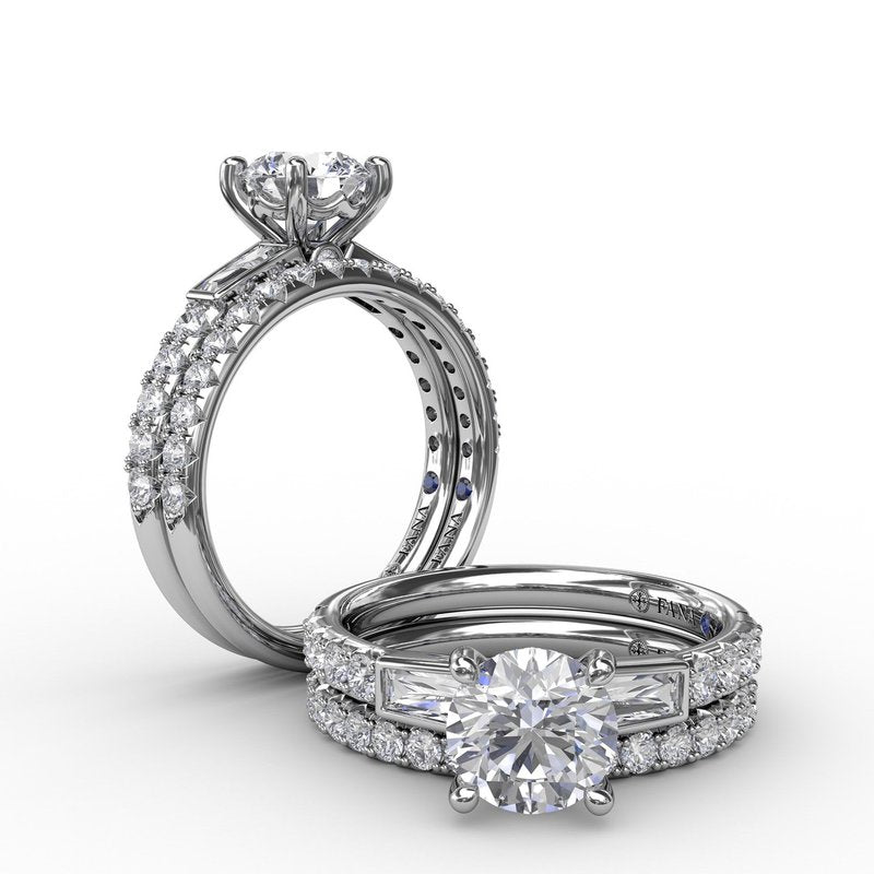 Three-Stone Round Diamond Engagement Ring With Bezel-Set Baguettes and Diamond Band S3296 - TBird