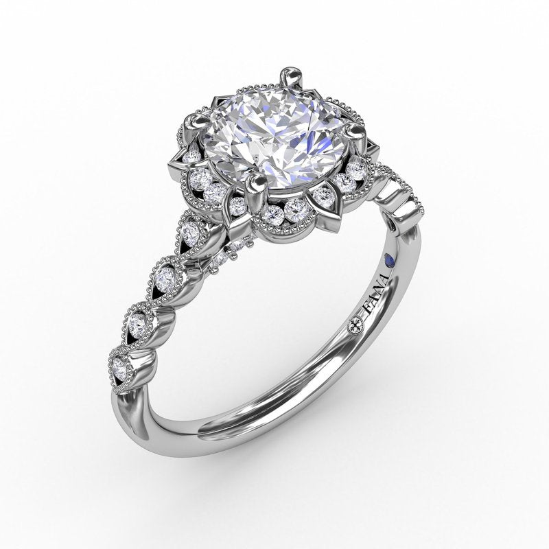Round Diamond Engagement With Floral Halo and Milgrain Details S3311 - TBird