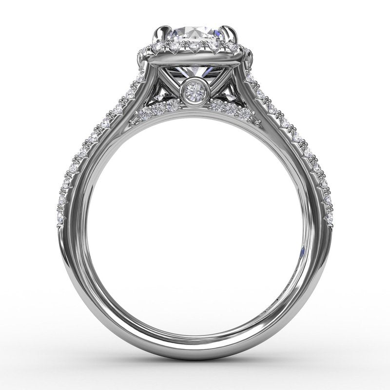 Cushion-Shaped Diamond Halo Engagement Ring With Triple-Row Diamond Band S3315 - TBird