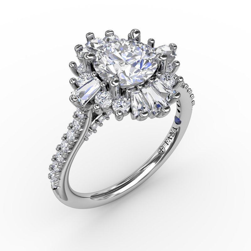 Mixed Shape Diamond Halo Ballerina Style Engagement Ring With Diamond Band S4023 - TBird