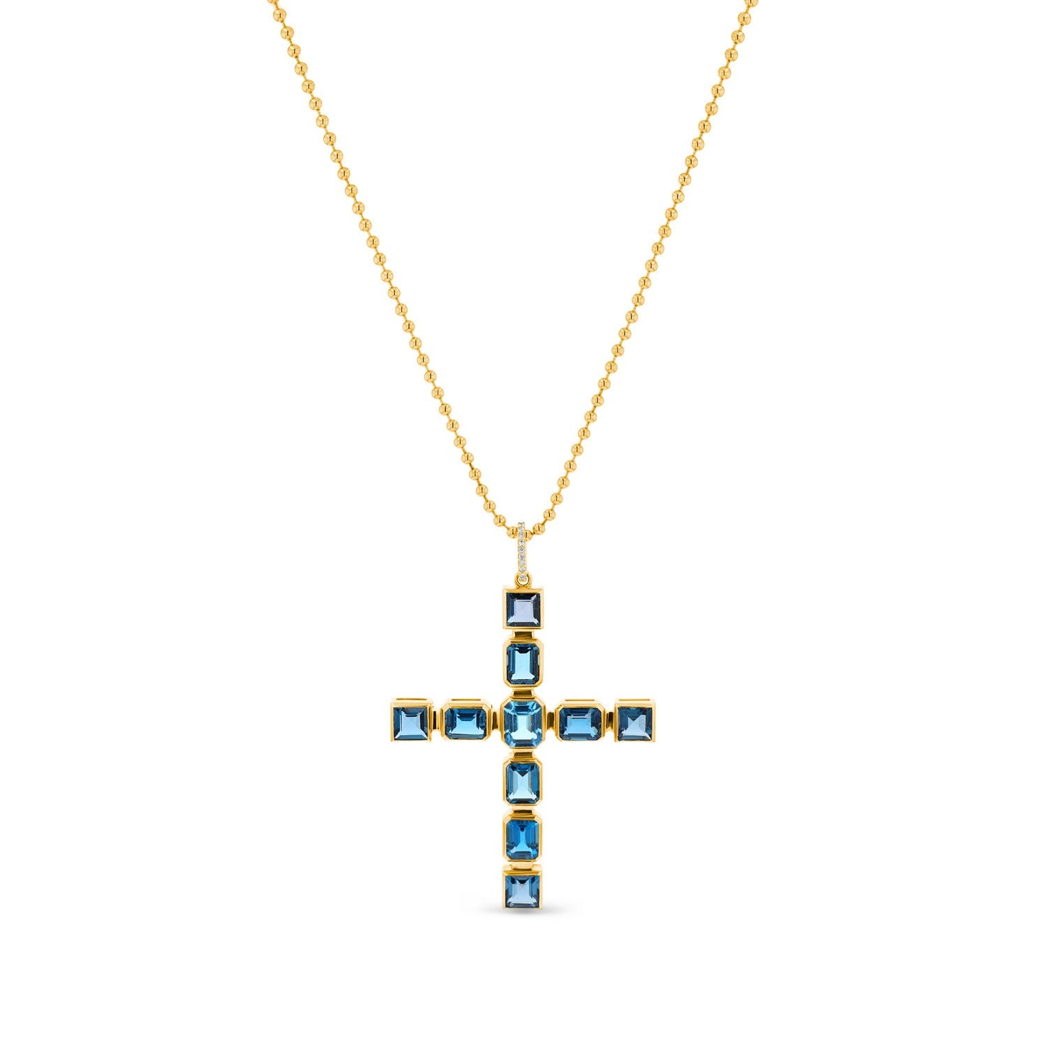 14k Gold and Blue Topaz Statement Cross Pendant Necklace SNG00164 - TBird