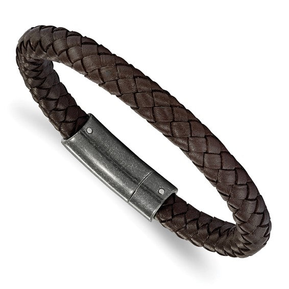 Chisel Stainless Steel Brushed Brown Braided Leather 8.25 inch Bracelet