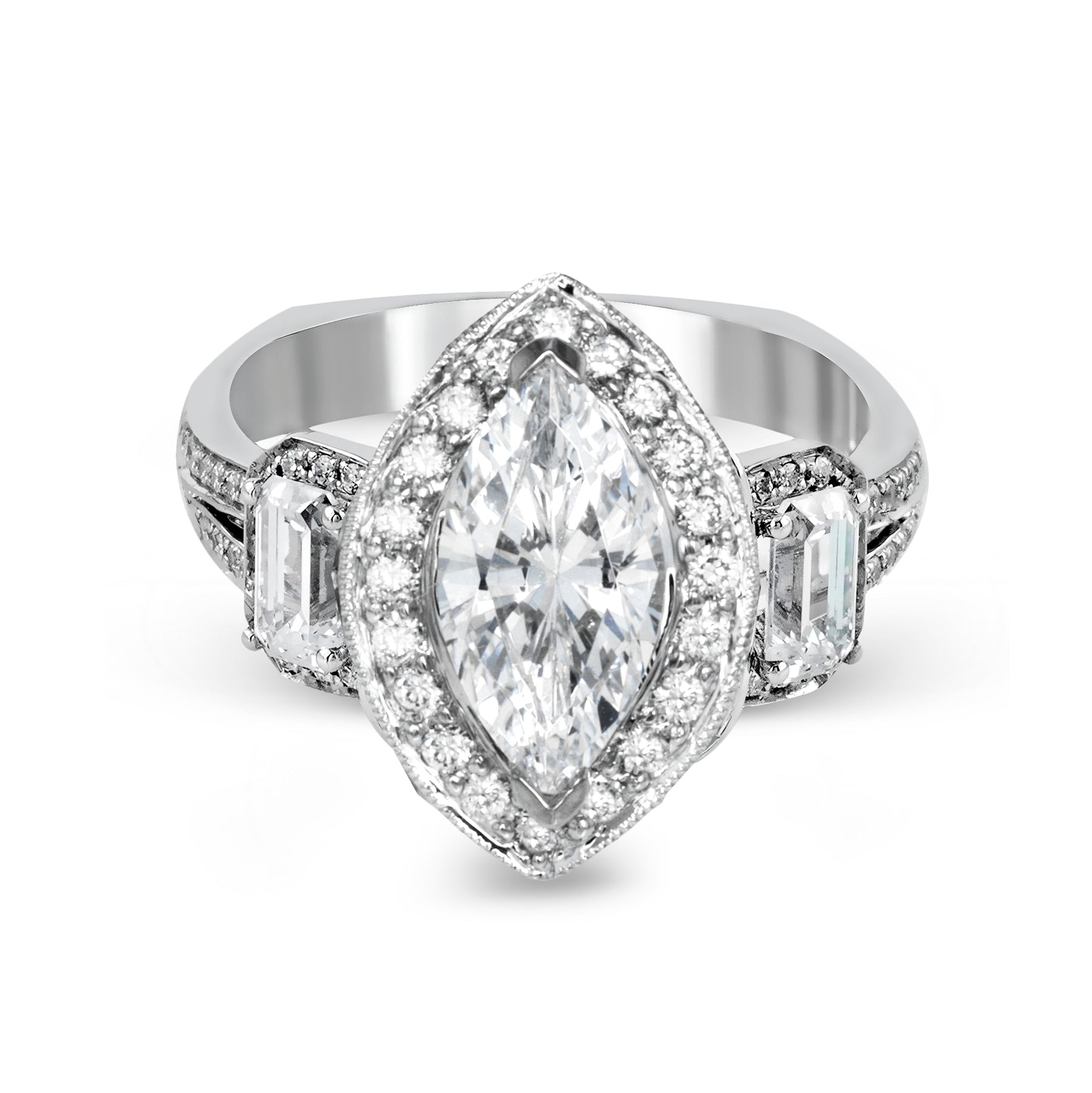Marquise-Cut Three-Stone Halo Engagement Ring In 18k Gold With Diamonds TR446-MQ