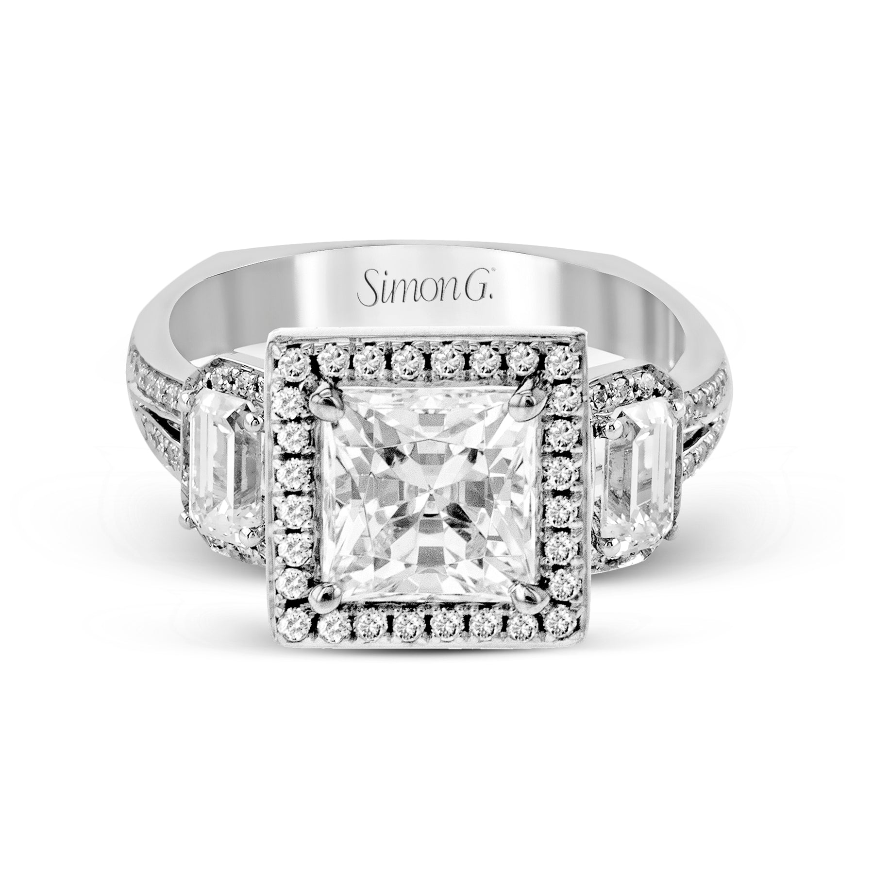 Princess-Cut Three-Stone Halo Engagement Ring In 18k Gold With Diamonds TR446-PC