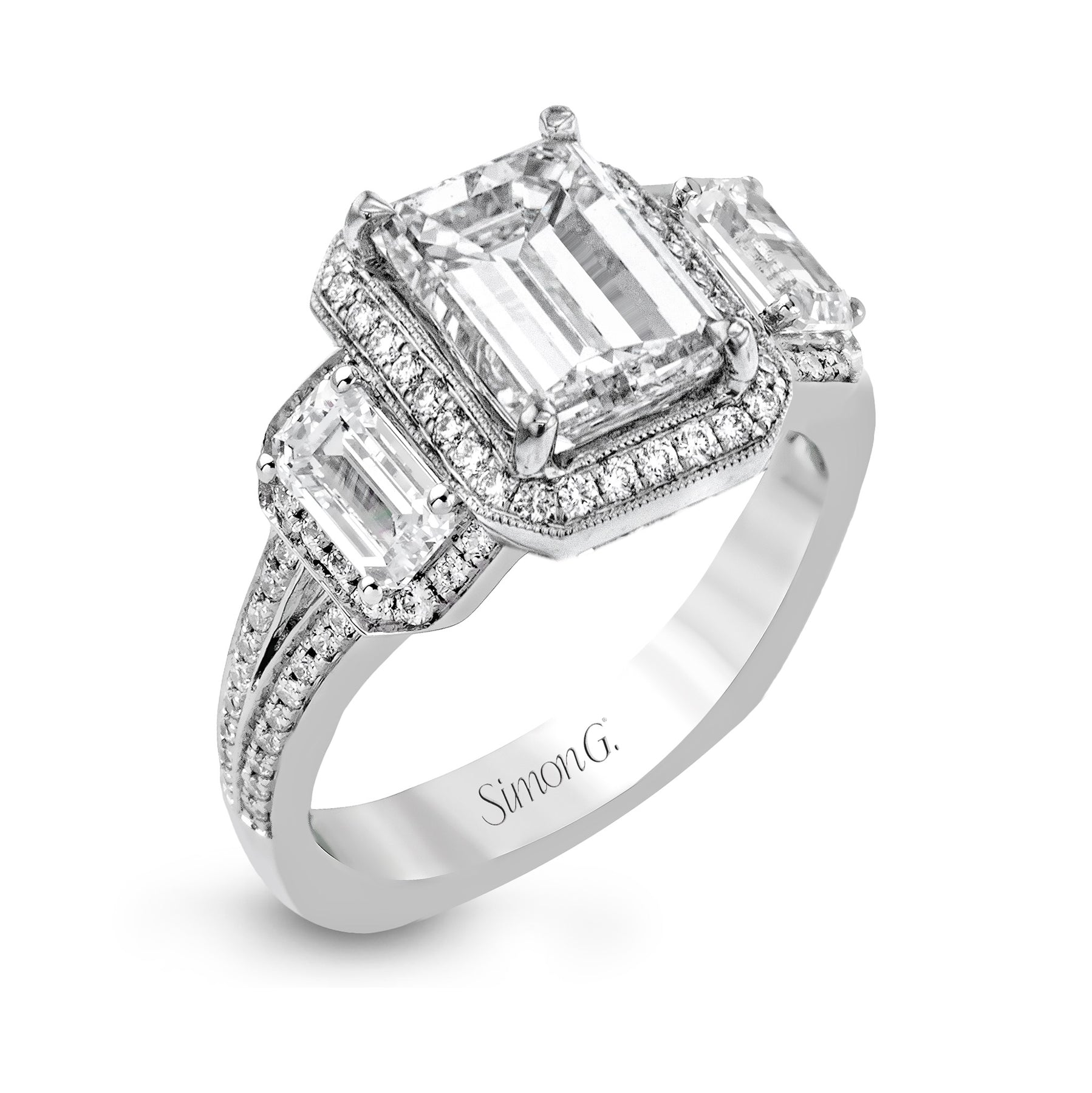 Emerald-Cut Three-Stone Halo Engagement Ring In 18k Gold With Diamonds TR446-EM