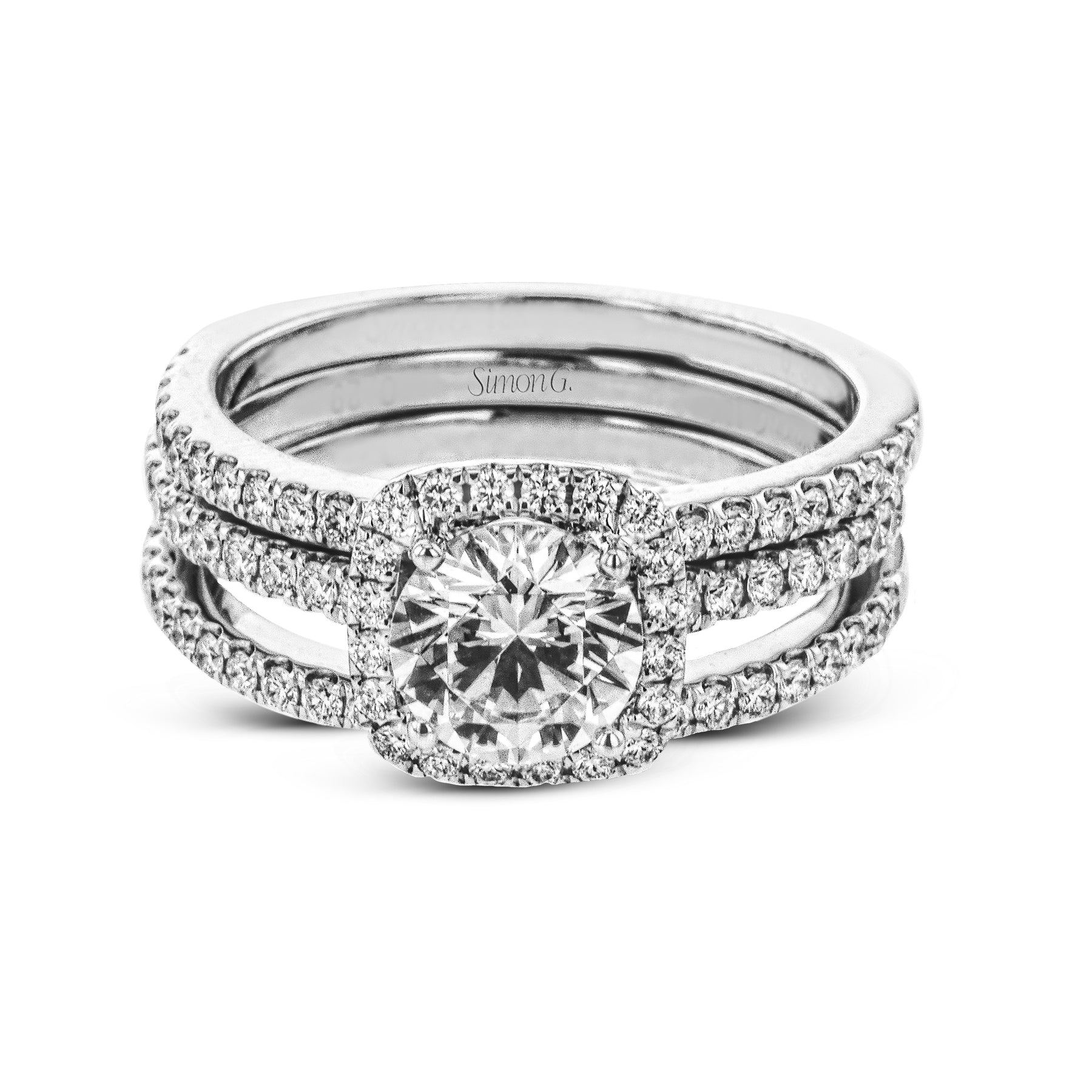 Round-cut Halo Engagement Ring & Matching Wedding Band in 18k Gold with Diamonds TR790