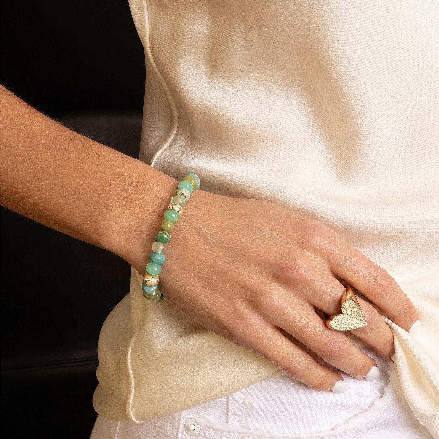 14k Green Mix Gemstone Beaded Bracelet with Diamond Rondelle - 8mm BG001267