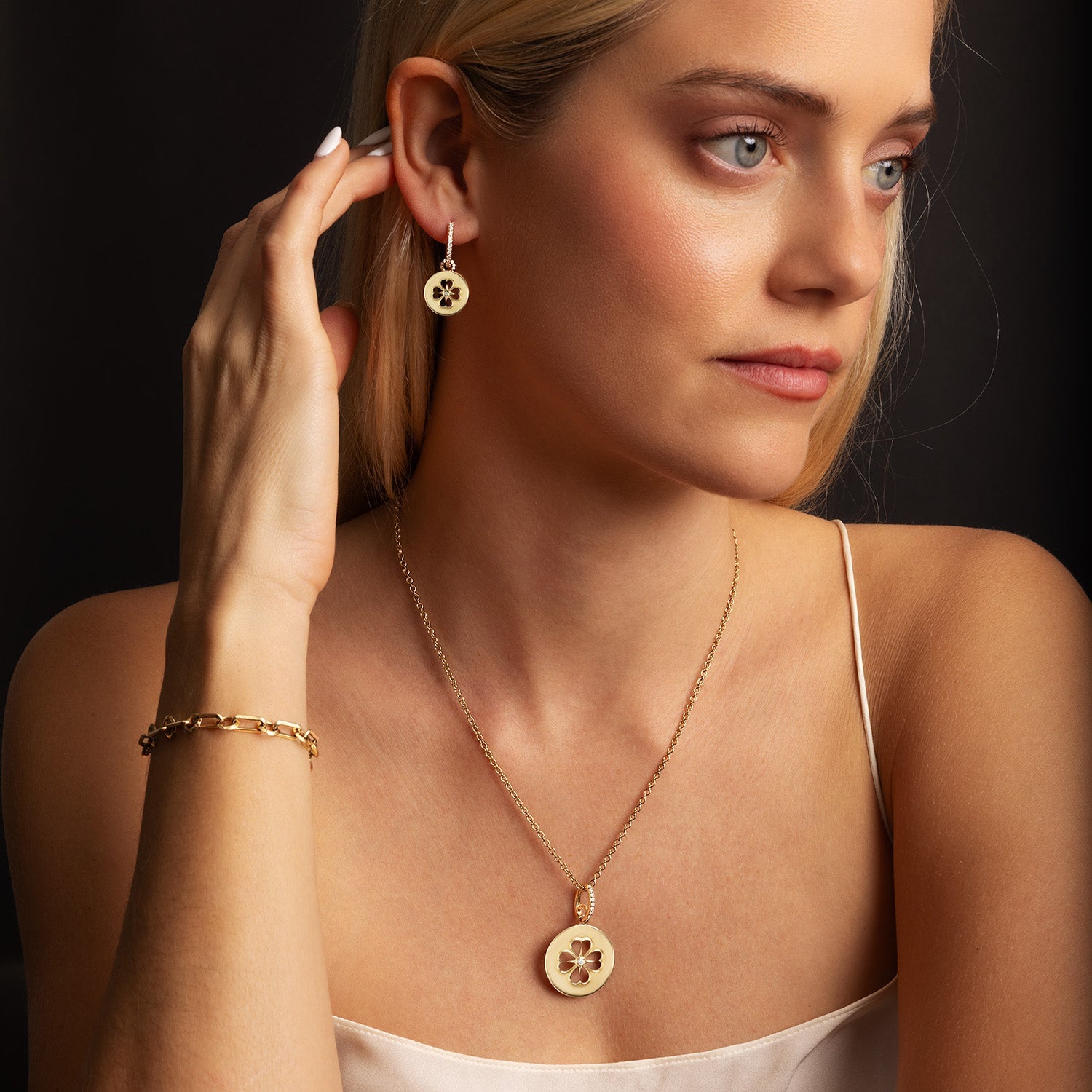 14k Open Clover Diamond Bezel Pendant Only or on 14k Link Chain - 18"