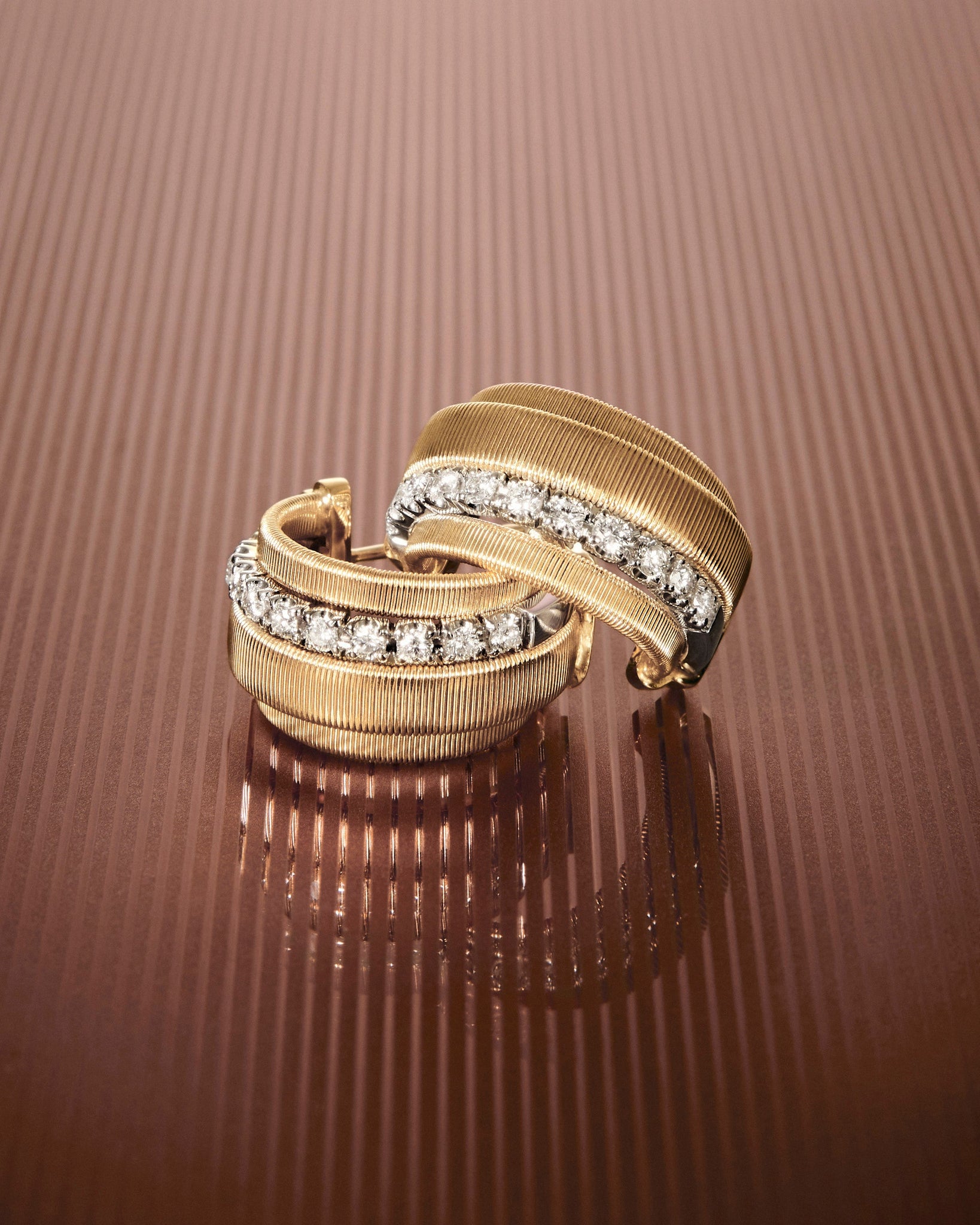 18K Yellow Gold Coil and Diamond Huggie Earrings