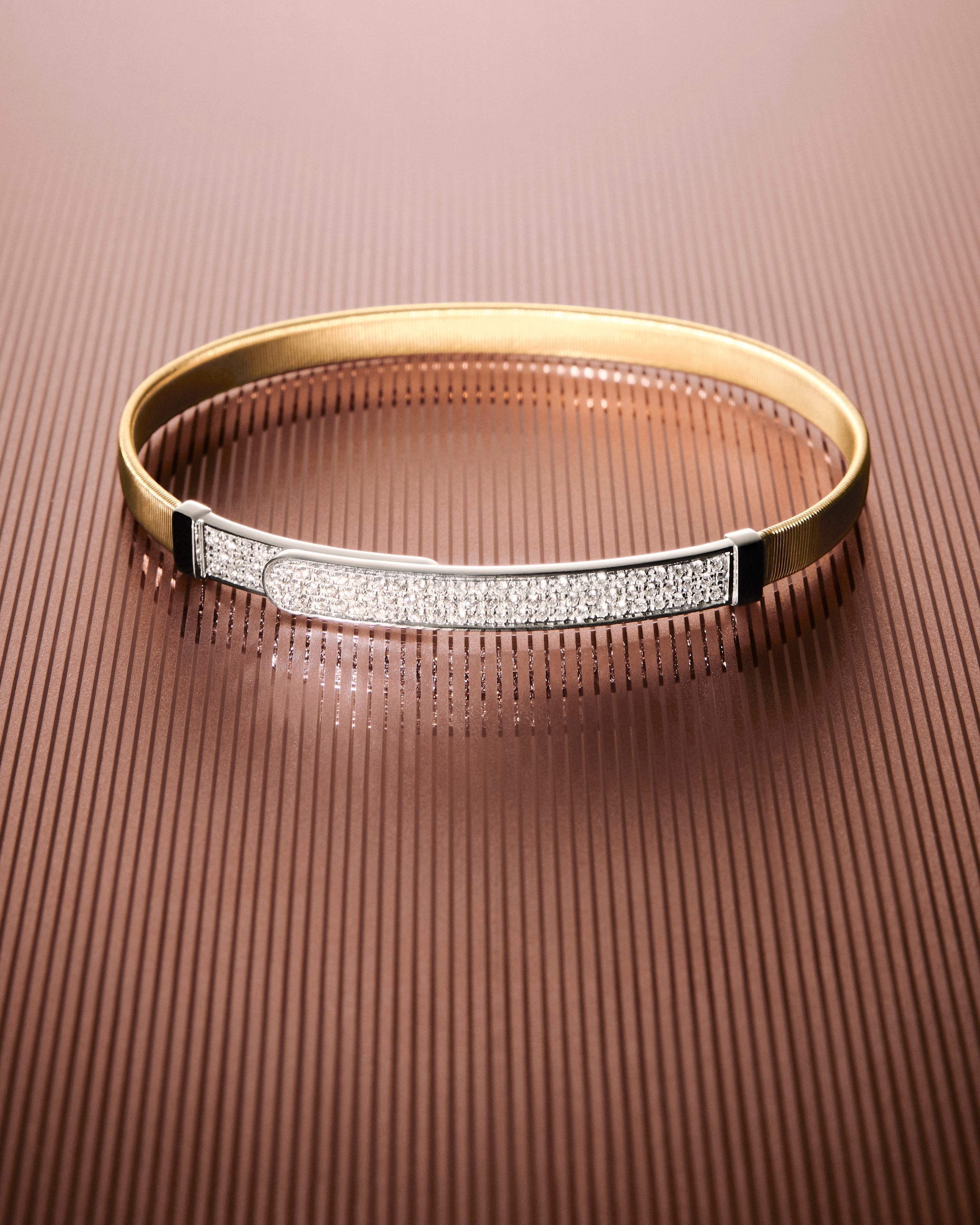 18K Yellow Gold Coil and Diamond Pav Thin Bangle Bracelet