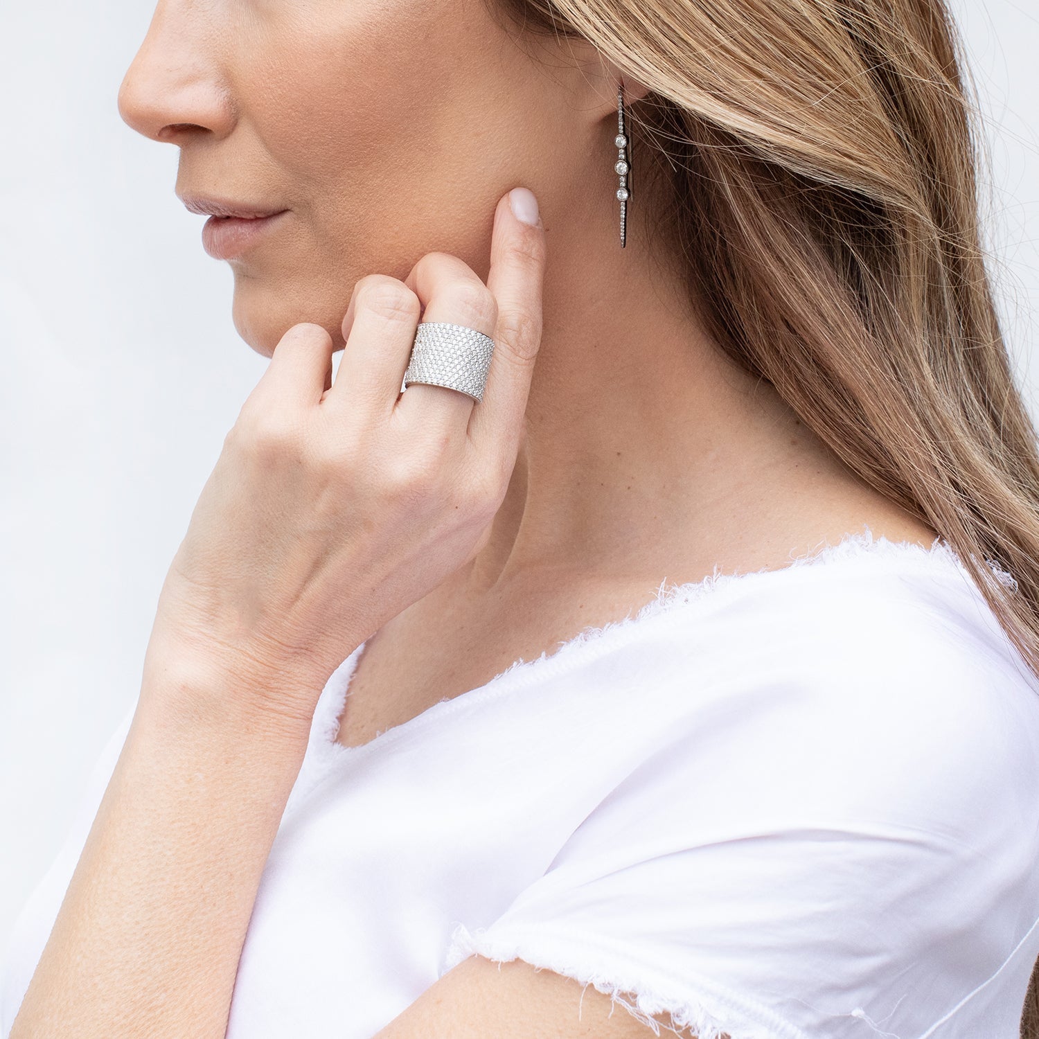 Pave Diamond Silver Wide Cuff Ring