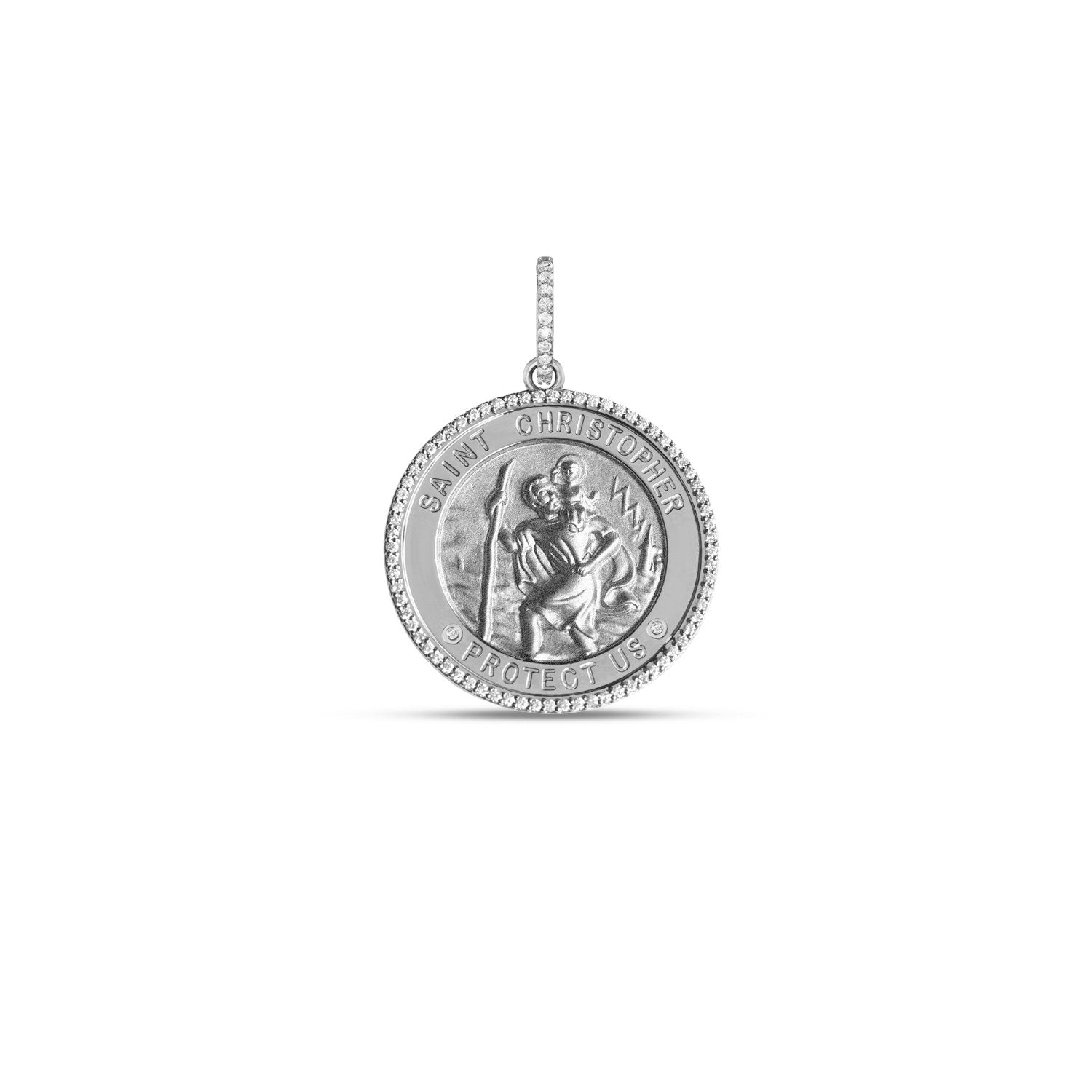 Silver St. Christopher "Protect Us" Diamond Halo Medallion Pendants & Necklaces