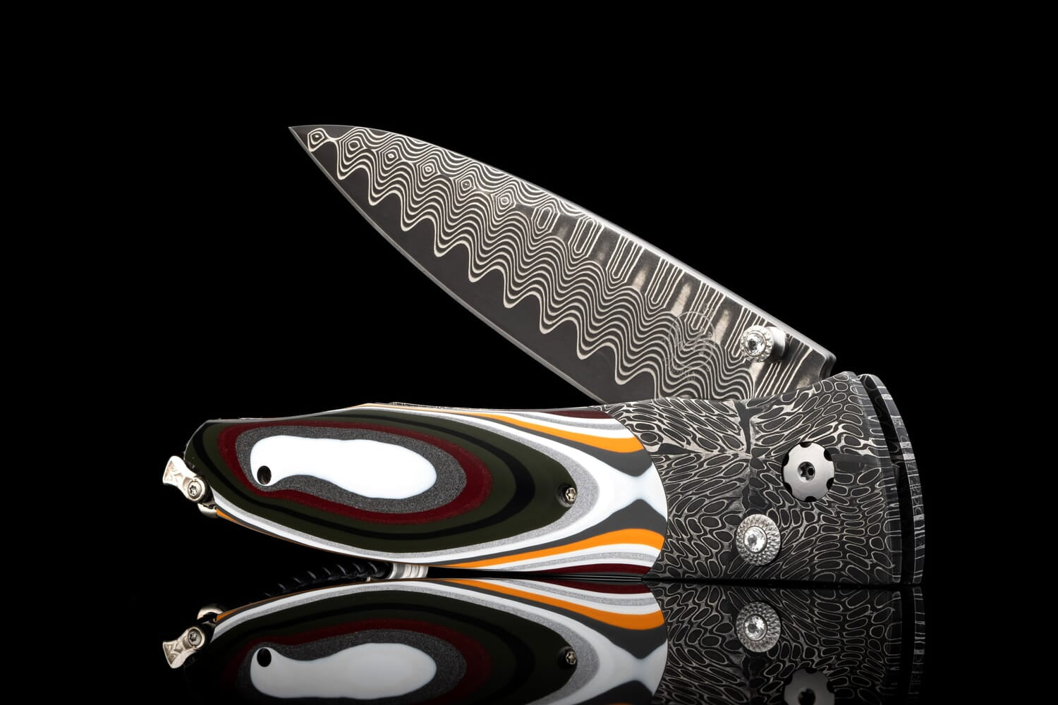 William Henry Damascus pocket knife with Fordite scales and 'Wave' damascus blade B30 FLATHEAD