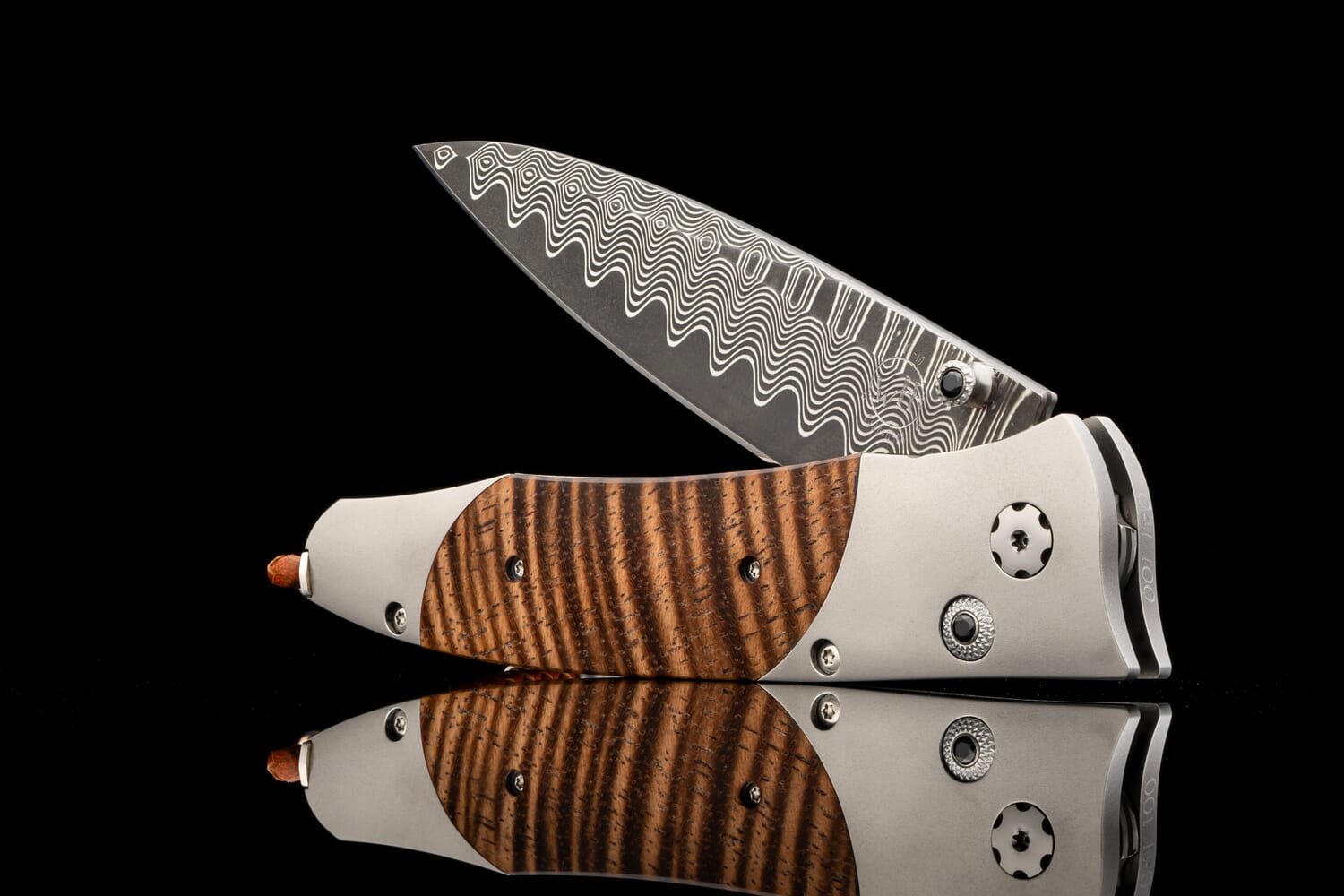 William Henry Titanium pocketknife with Koa wood and 'wave' damascus blade B30 KOA