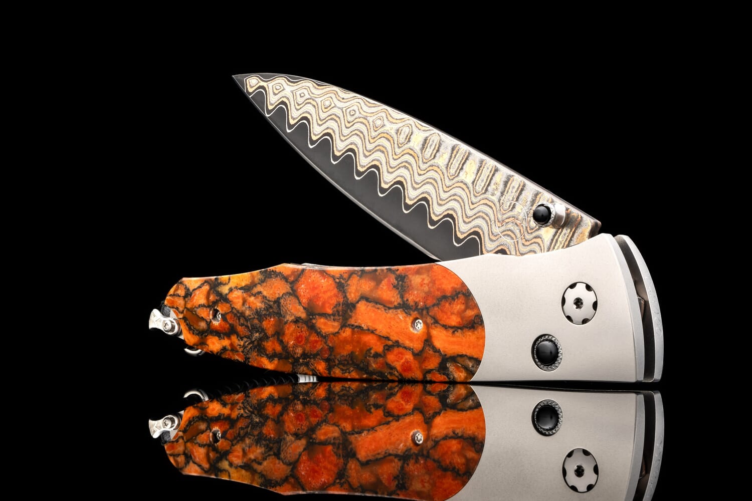 William Henry Titanium Pocketknife with apple coral, and 'copper wave' damascus blade B30 RED SAILS