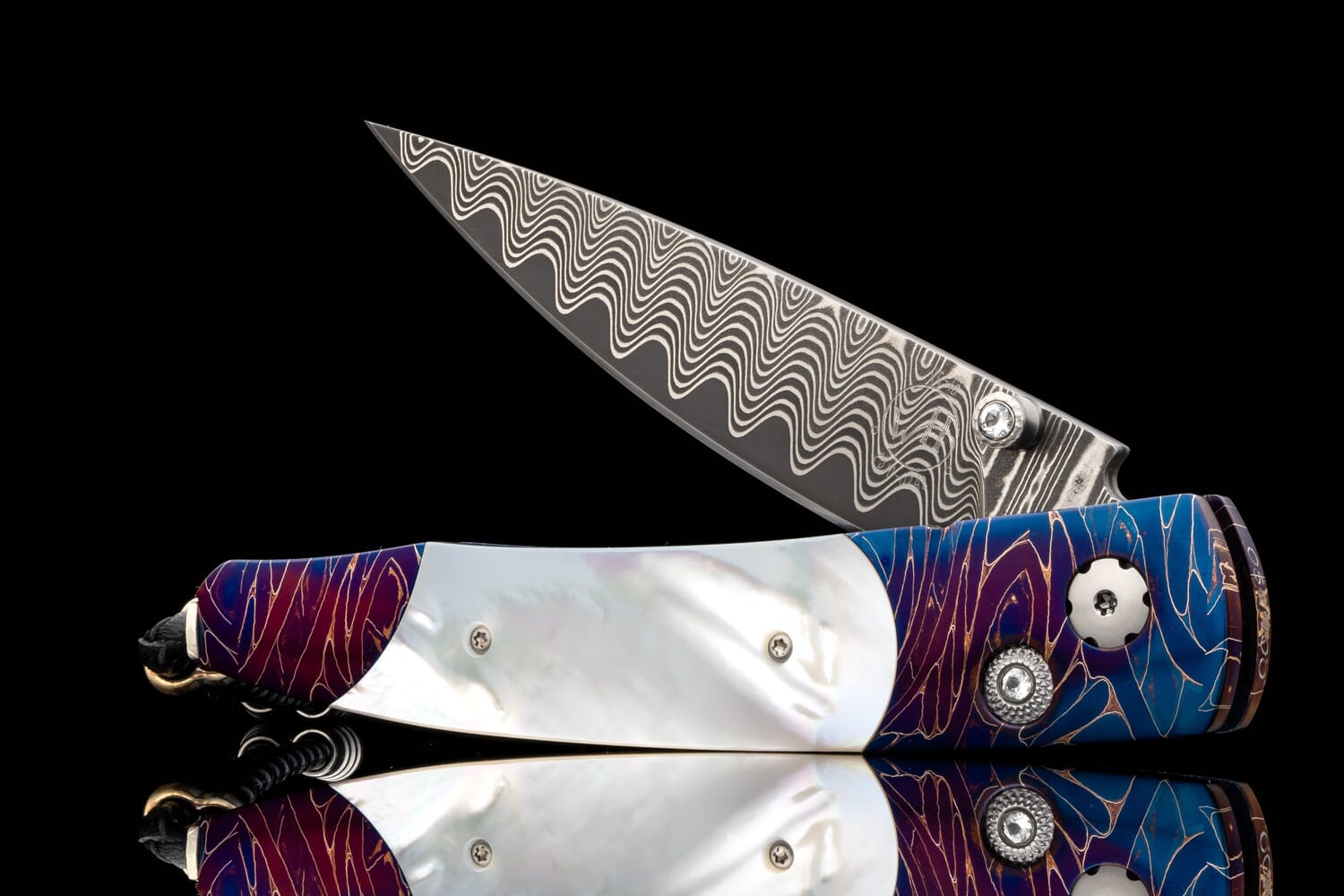William Henry Pocketknife with heat-blued damascus, mother of pearl, and 'wave' damascus blade B10 BLUE SAND