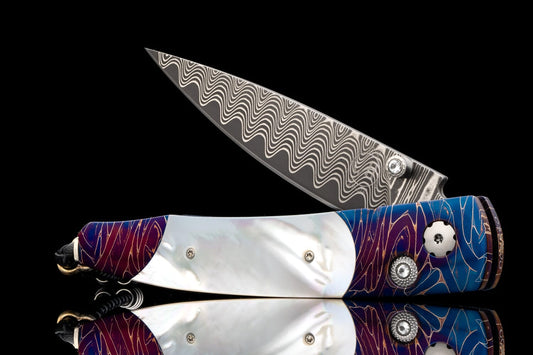 William Henry Pocketknife with heat-blued damascus, mother of pearl, and 'wave' damascus blade B10 BLUE SAND