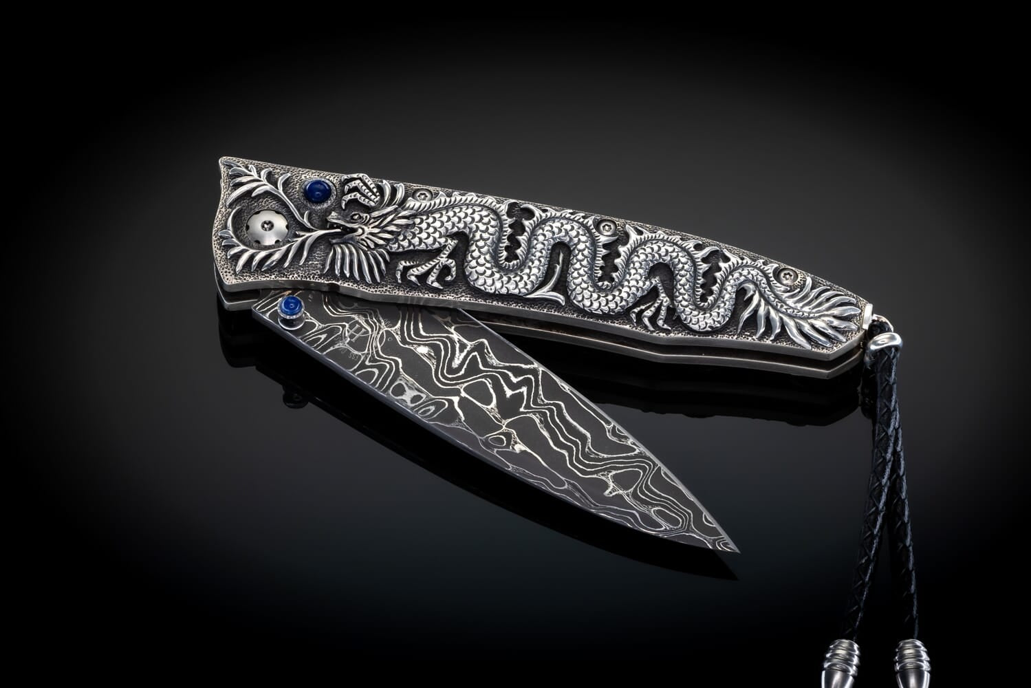 William Henry Hand-Carved sterling silver pocketknife with inset sapphire and damascus blade B30 SILVER DRAGON