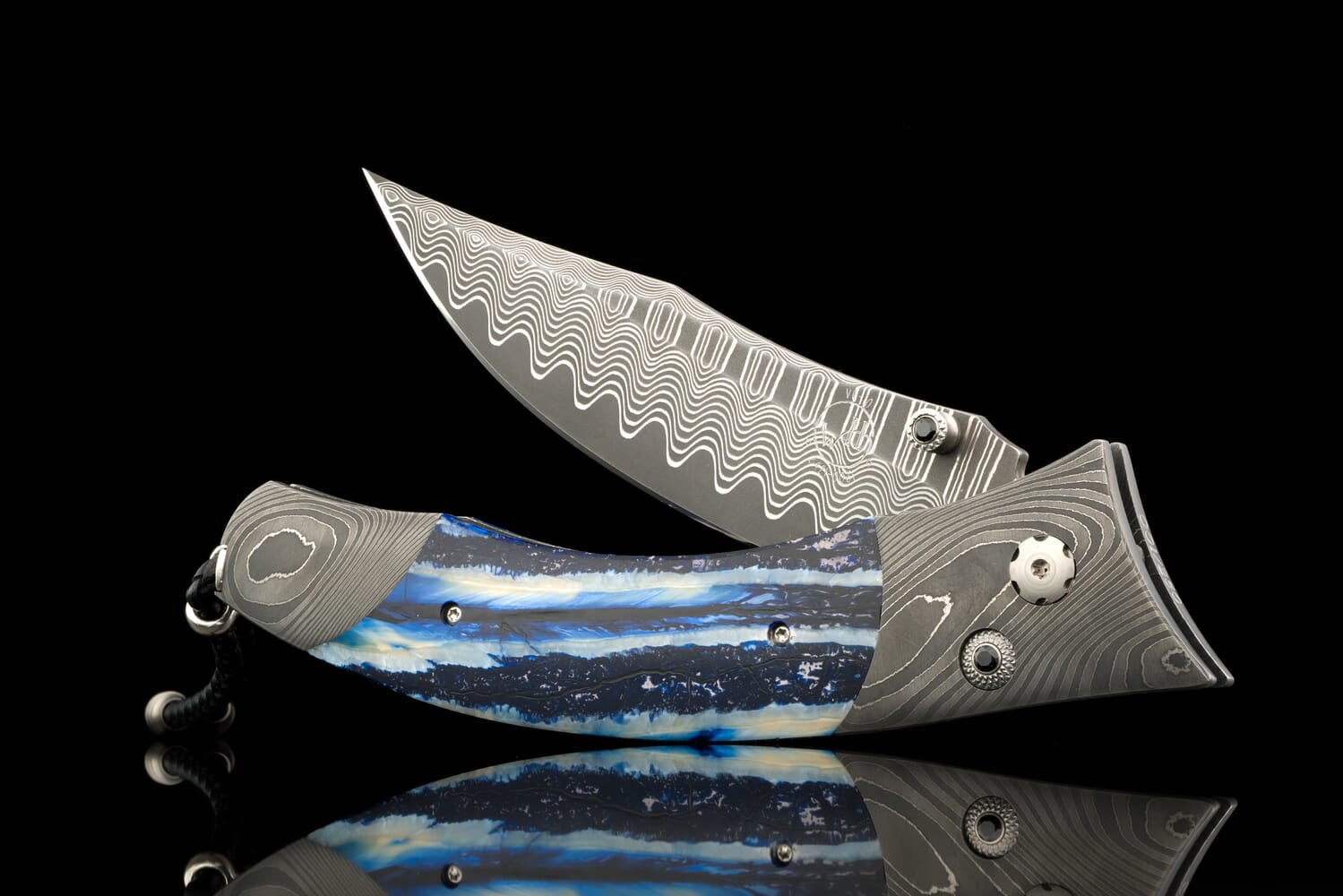 William Henry Folding knife with hand-forged damascus and woolly mammoth tooth B21 BLUE WAVE