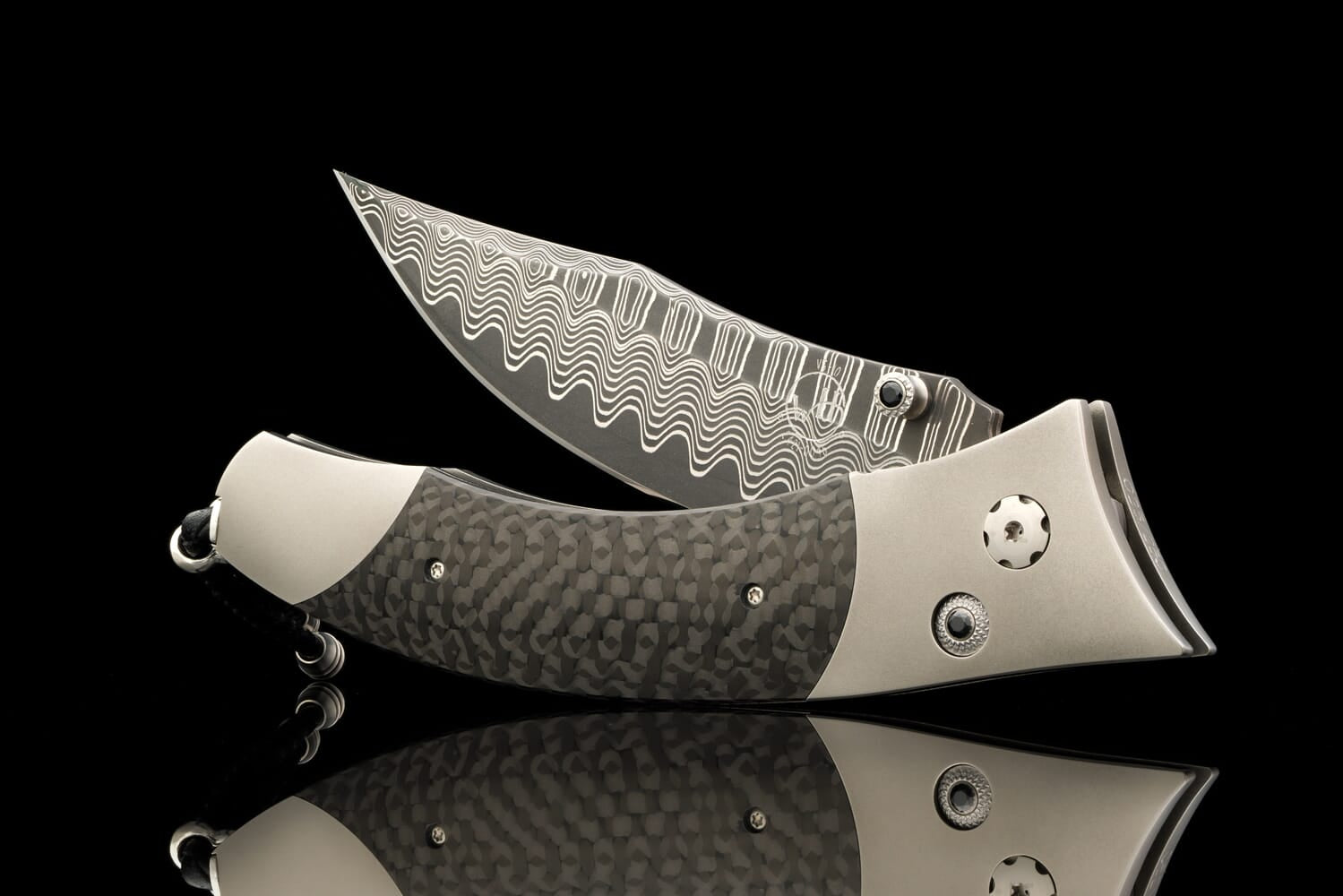William Henry Titanium pocketknife with 'Wave' damascus and carbon fiber B21 DARK HORSE
