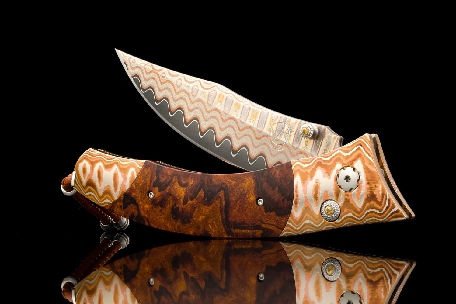 William Henry Folding knife with desert ironwood and 'Wave Mokume' B21 SAW TOOTH