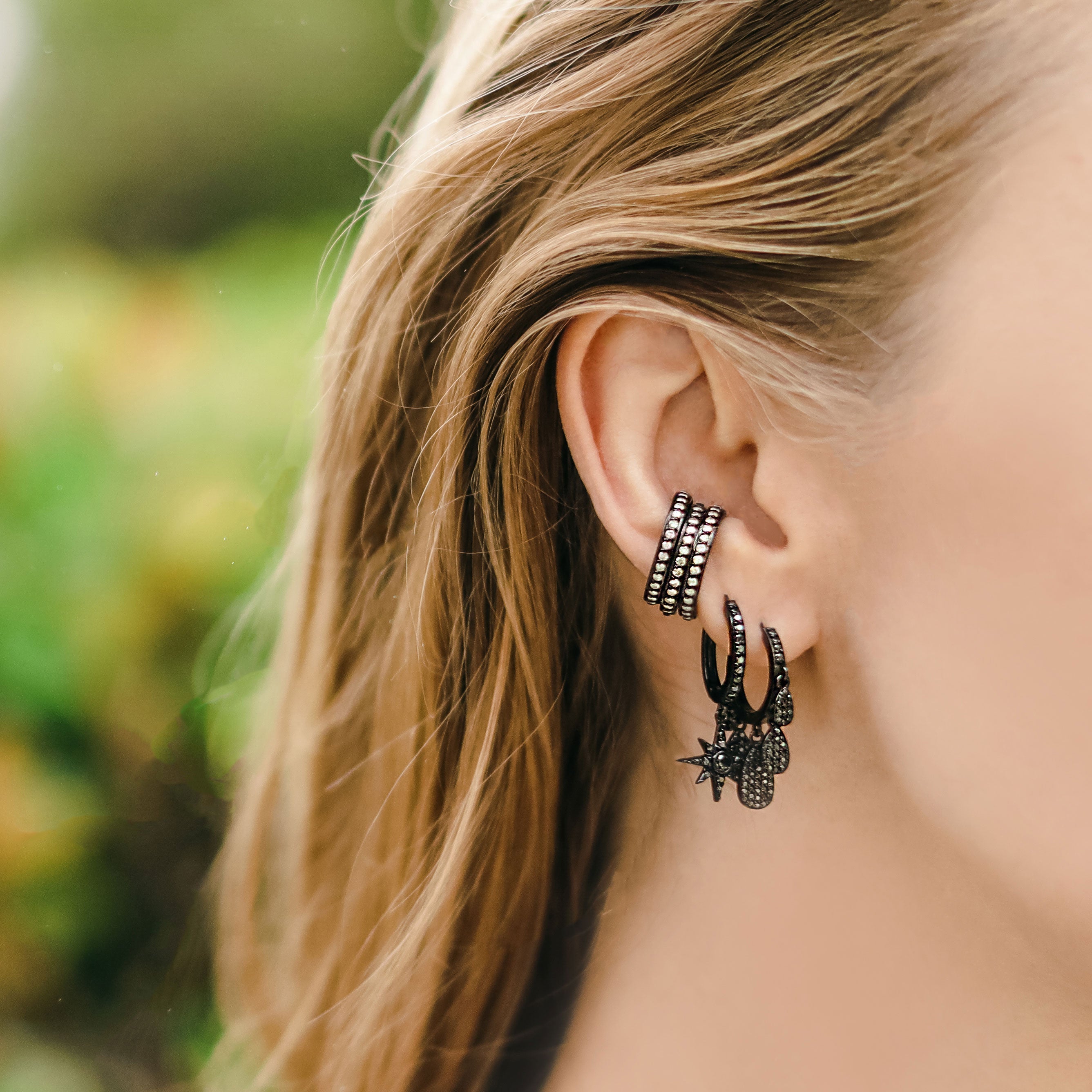 White Diamond and Blackened Silver Ear Cuff