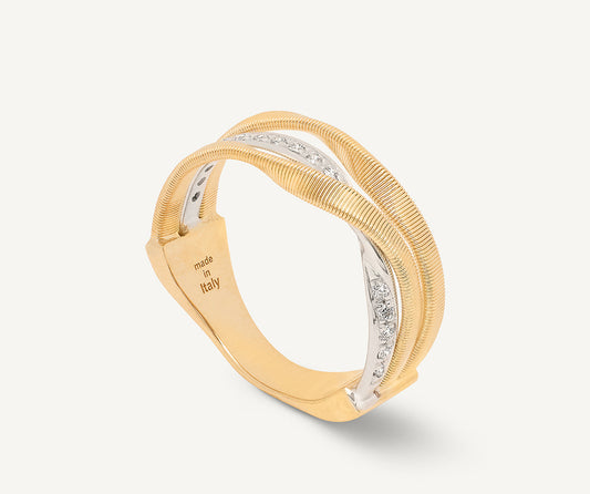 18kt yellow gold three-strand coil ring with diamonds