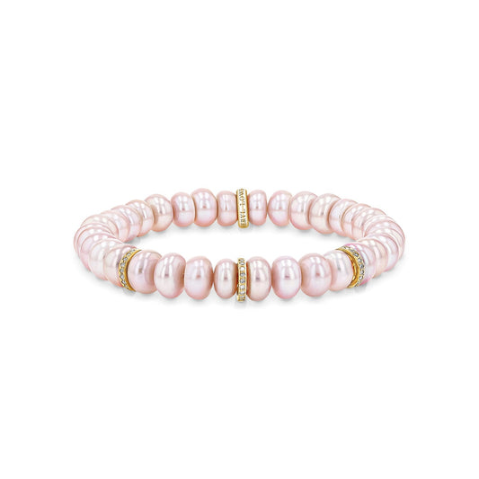 14k Pink Pearl Beaded Bracelet with 3 Diamond Rondelles - 8mm