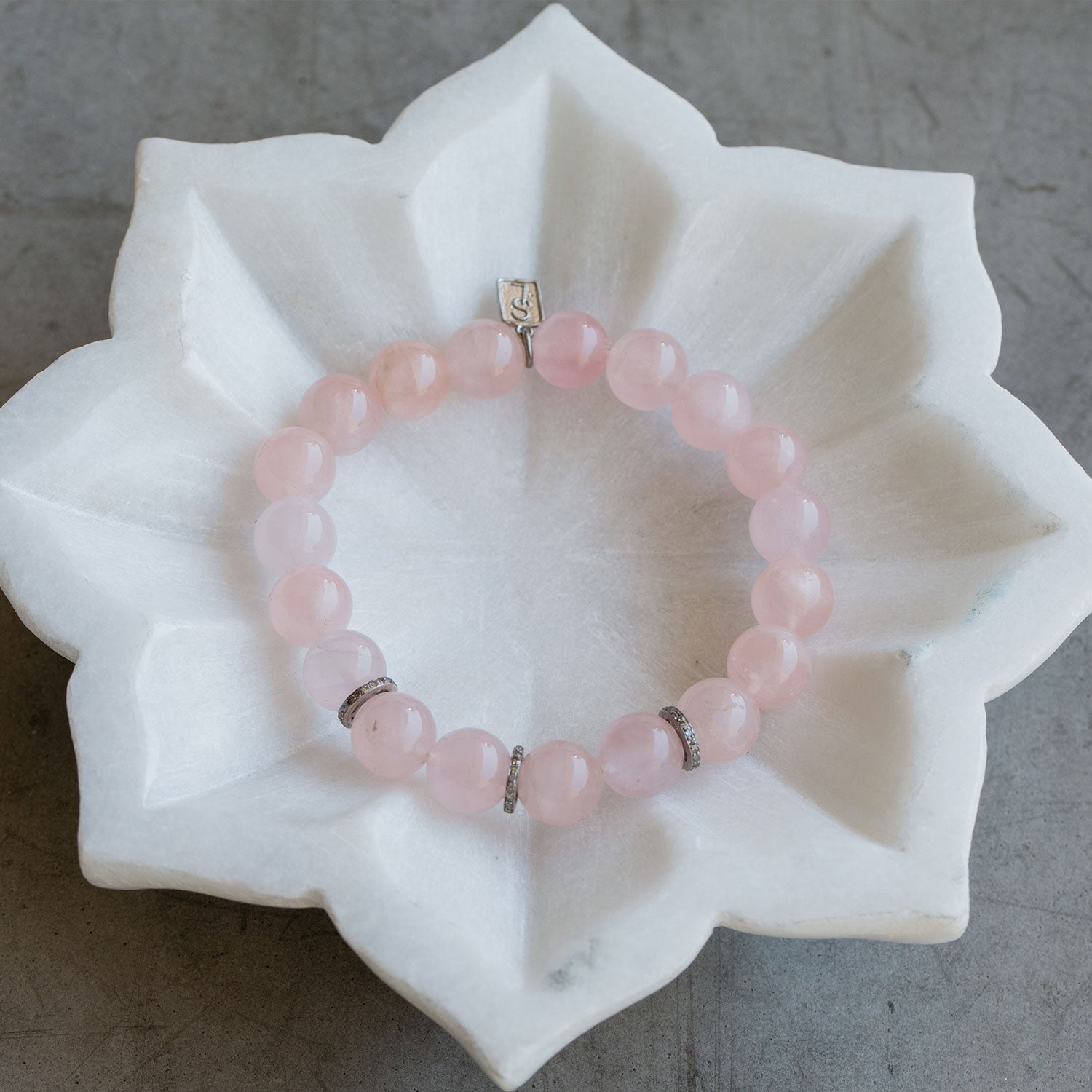 Rose Quartz Bead Bracelet with Three Diamond Rondelles - 10mm  B0001796 - TBird