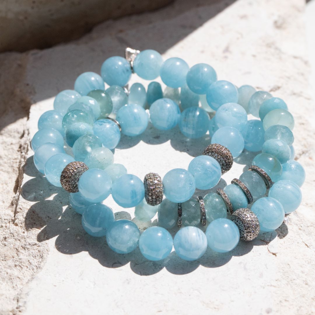 Aquamarine Faceted Bracelet with Five Diamond Rondelles - 10mm  B0001929 - TBird